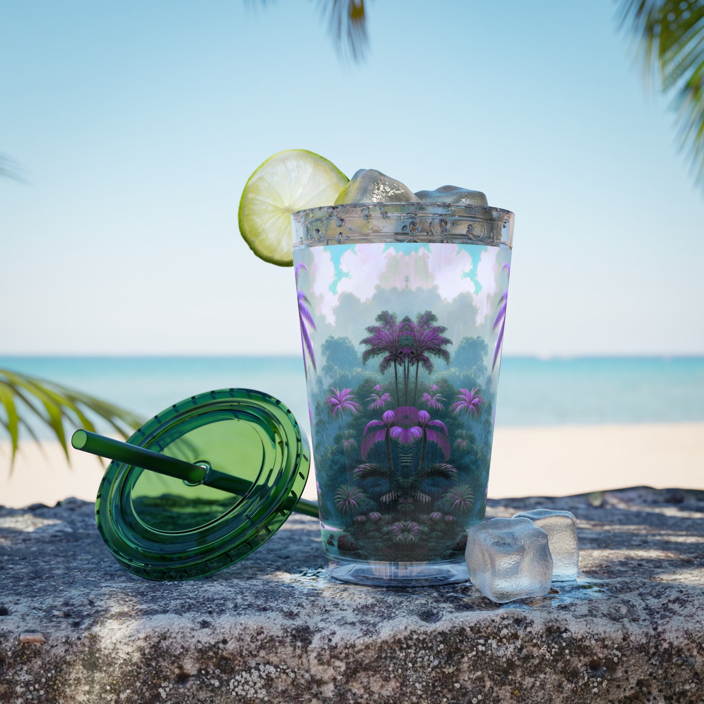 Tropical Tumbler with Straw | 16oz Colorful Travel Cup / Sleeping Parrot/Fantasy