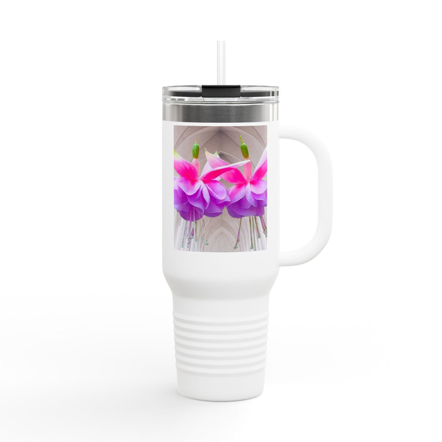Insulated Travel Mug, 40oz / Floral Two Fuchsias, Gothic - Perfect for Outdoor Adventures