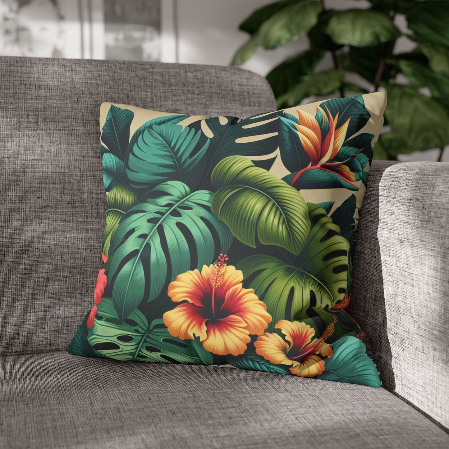 Faux Suede Square Pillowcase - Exotic Flora