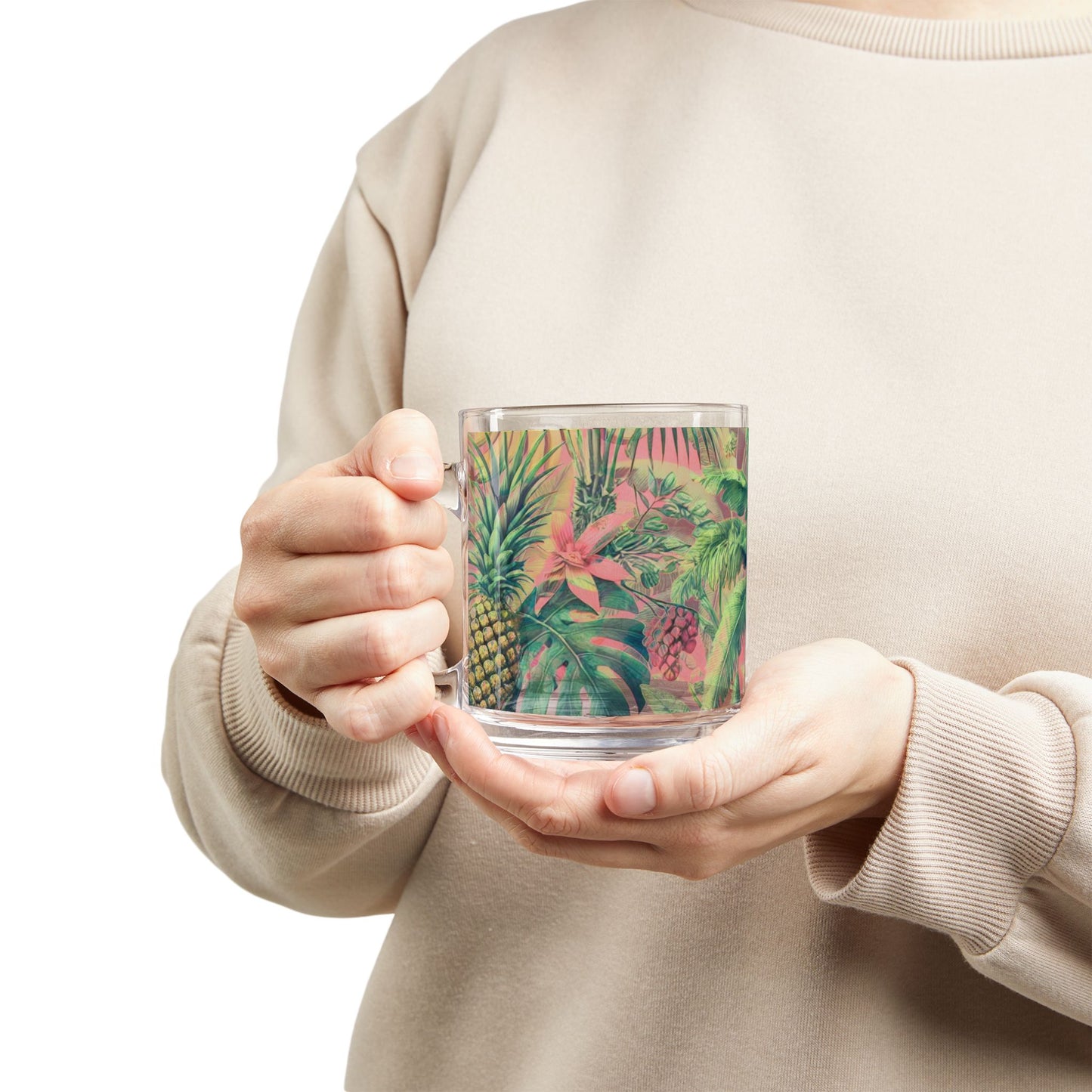 Tropical Glass Mug - 10oz Coffee Cup / More Tropical Fruit, Coral