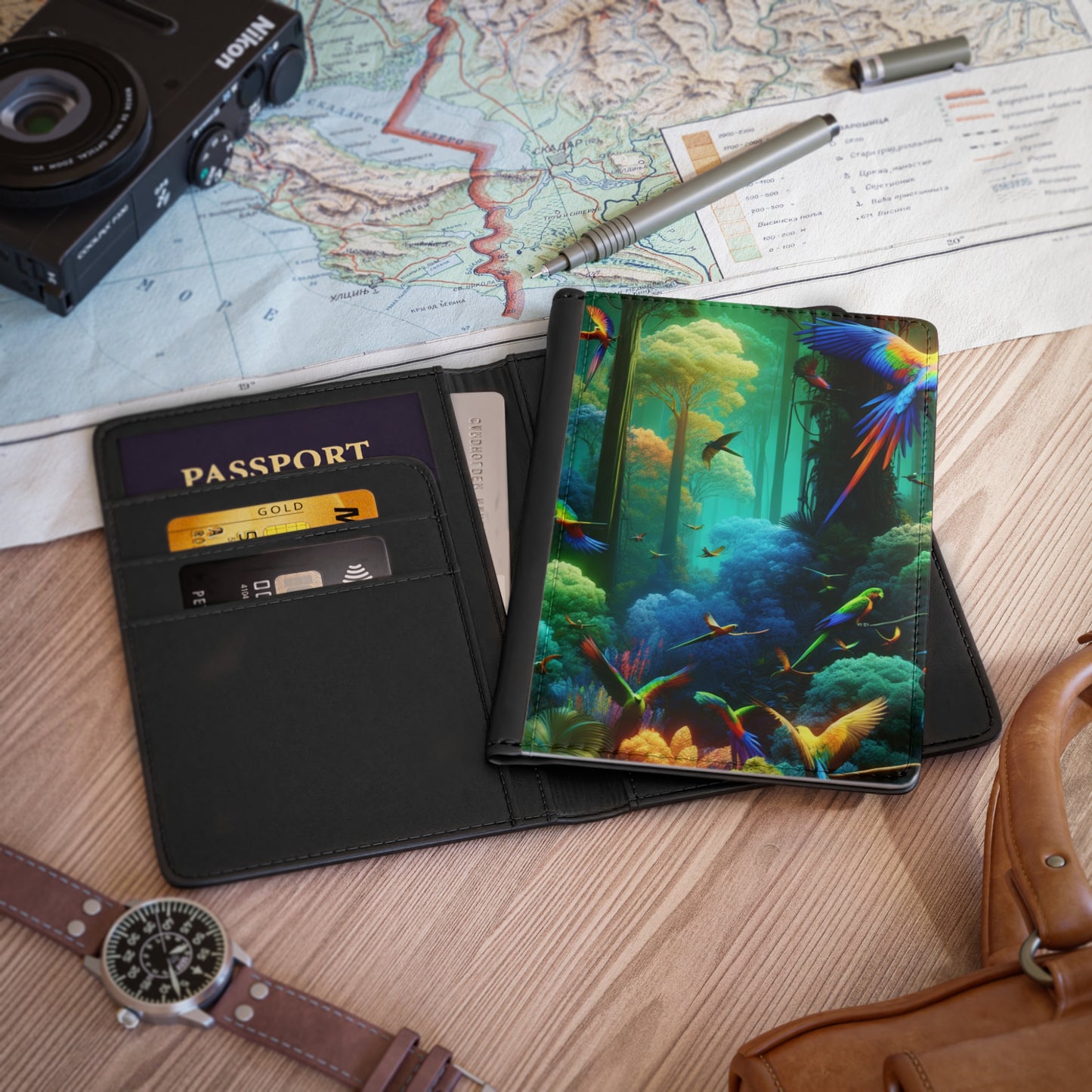 Tropical Passport Cover, Faux Leather - RFID blocking for travel security / Flight School