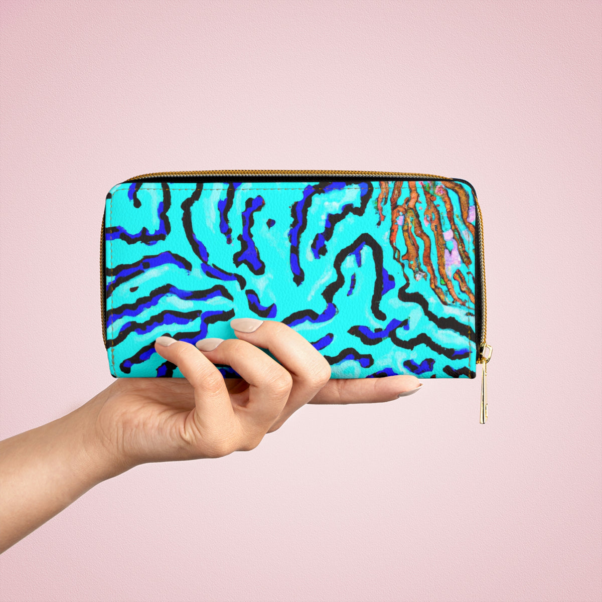 Tropical Zipper Wallet, Faux Leather / Vibrant Clutch / Wild Coral Reef