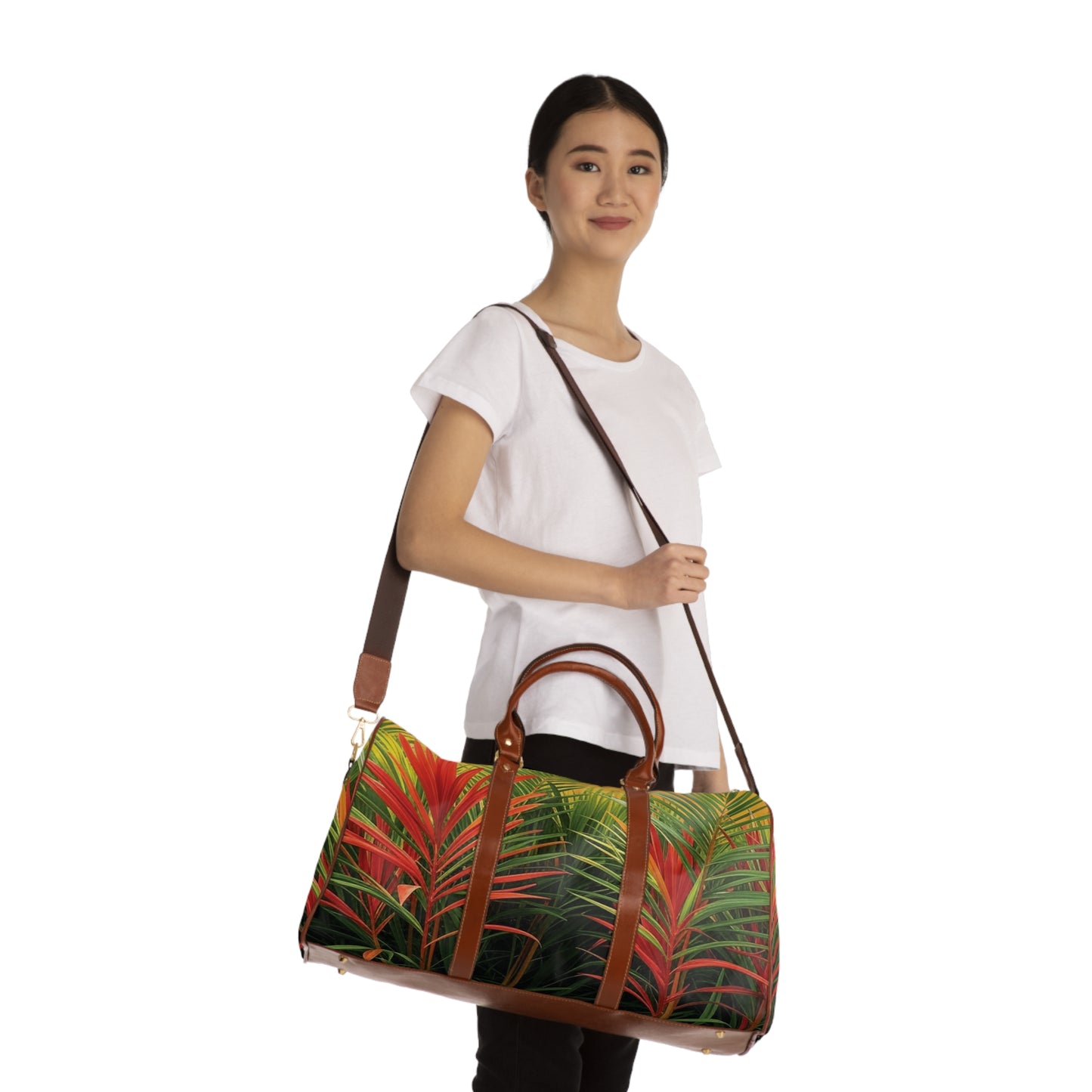 Tropical Waterproof Travel Bag - Perfect for Beach Getaways / Red Flame Palms