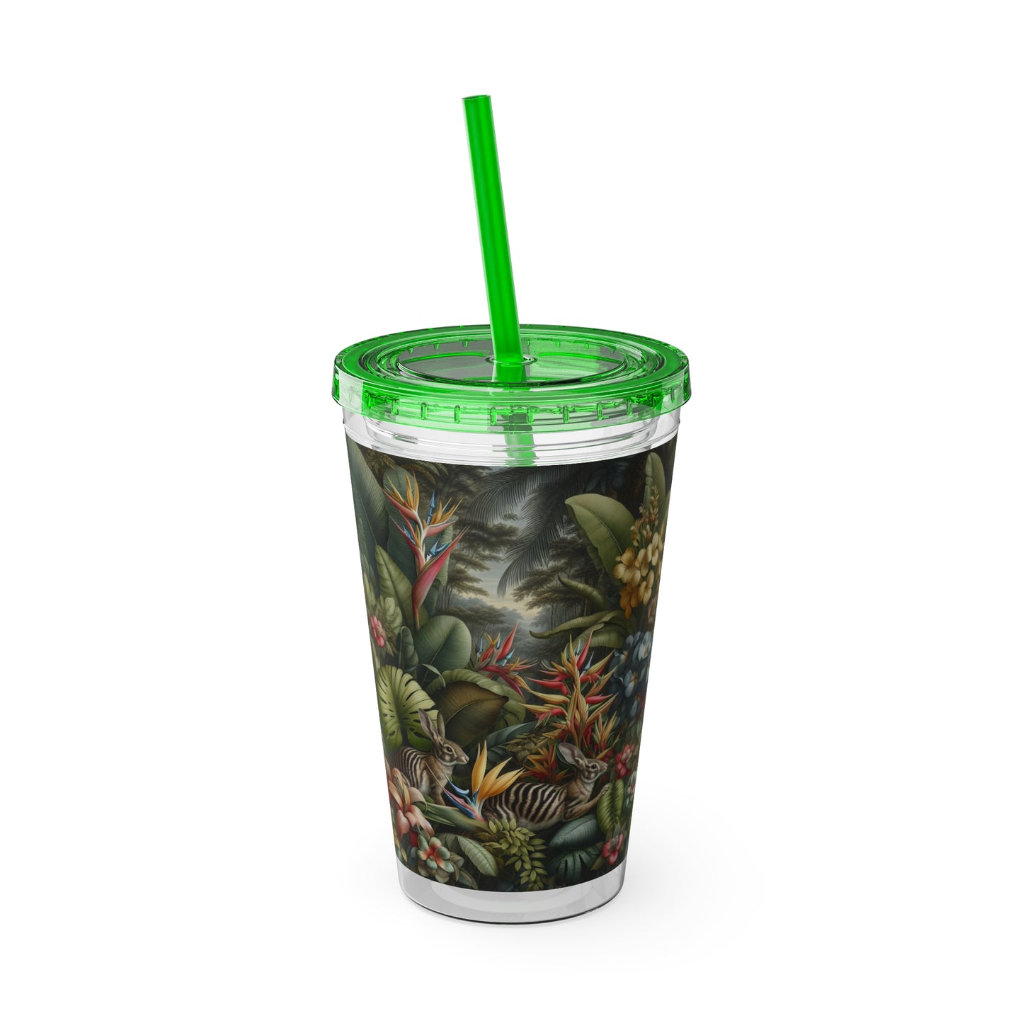 Tropical Tumbler with Straw | 16oz Colorful Travel Cup / Rainforest Rabbit Outing