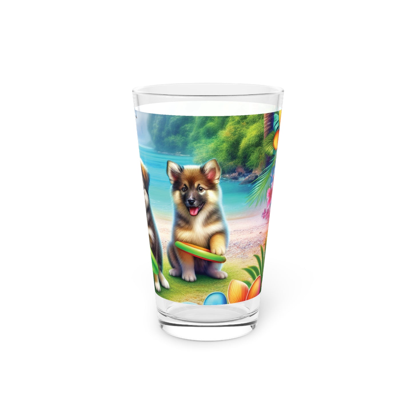 Pint Glass, 16oz - Puppies Playing Frisbee