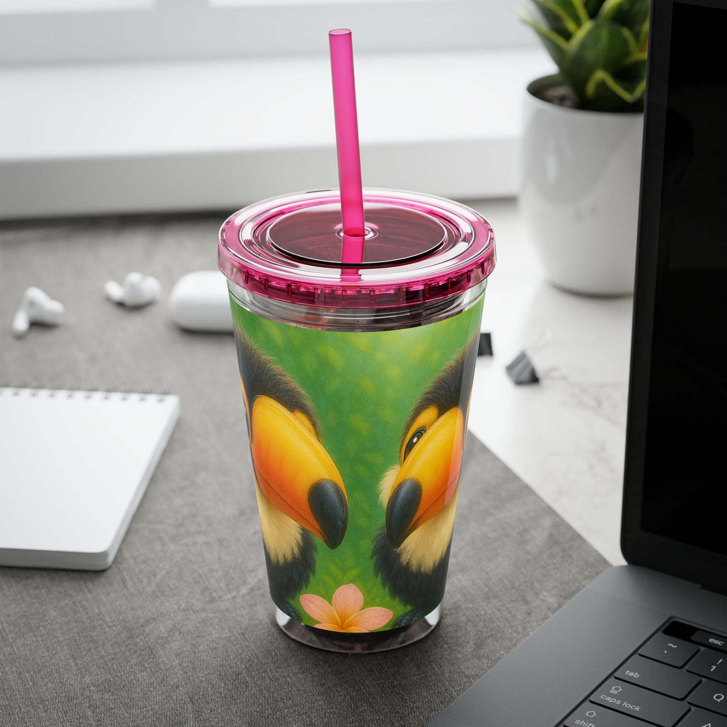 Tropical Tumbler with Straw | 16oz Colorful Travel Cup / Baby Toucans