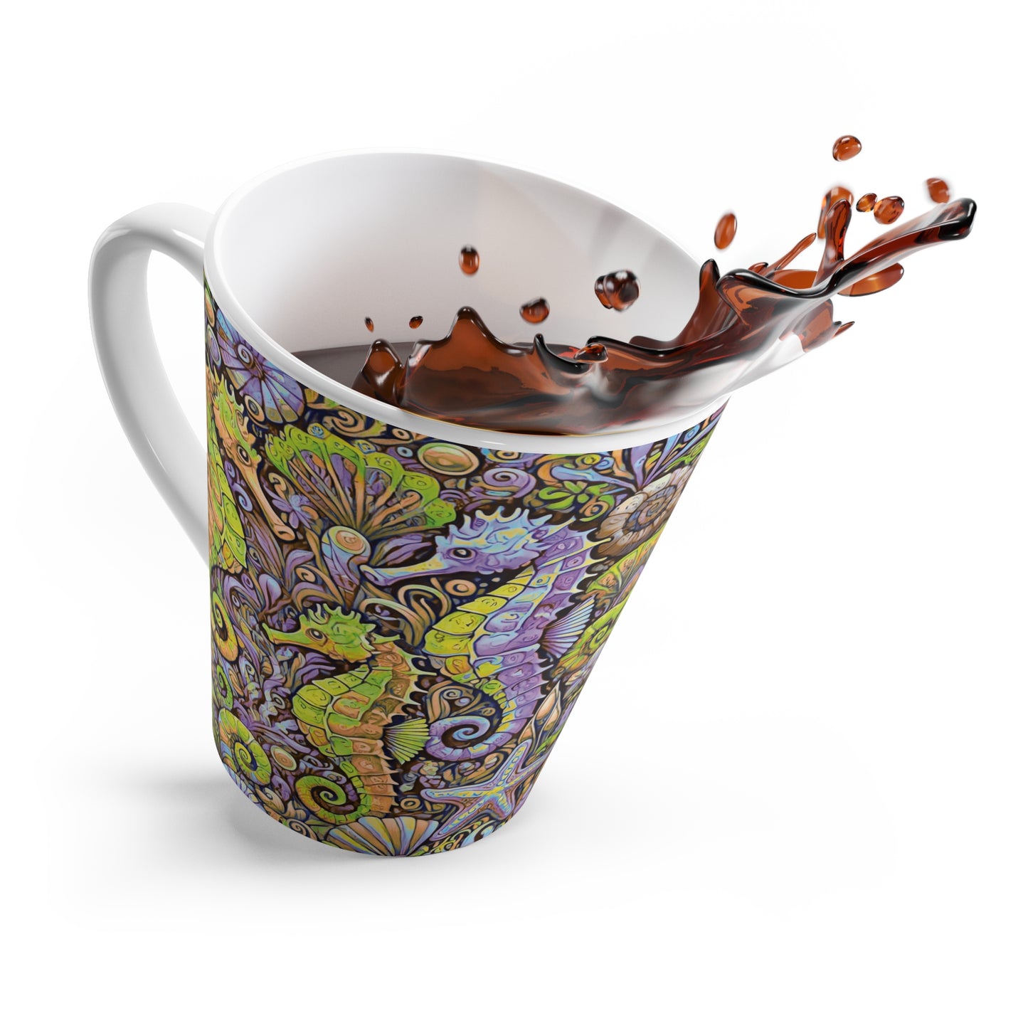 Latte White Mug - Seahorses, Yellow and Purple