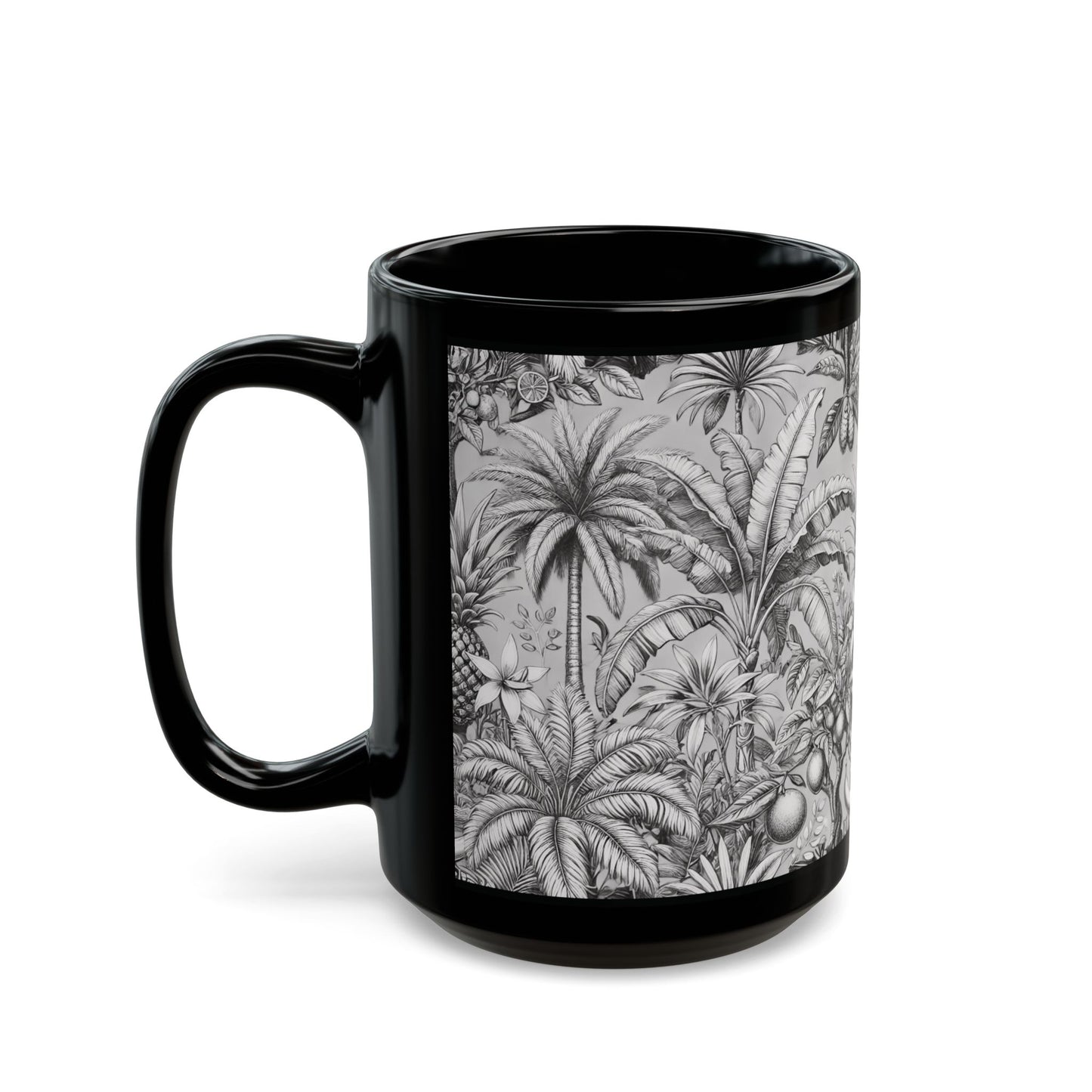 Black Coffee Mug - Tropical Fruit, Newspaper Ink