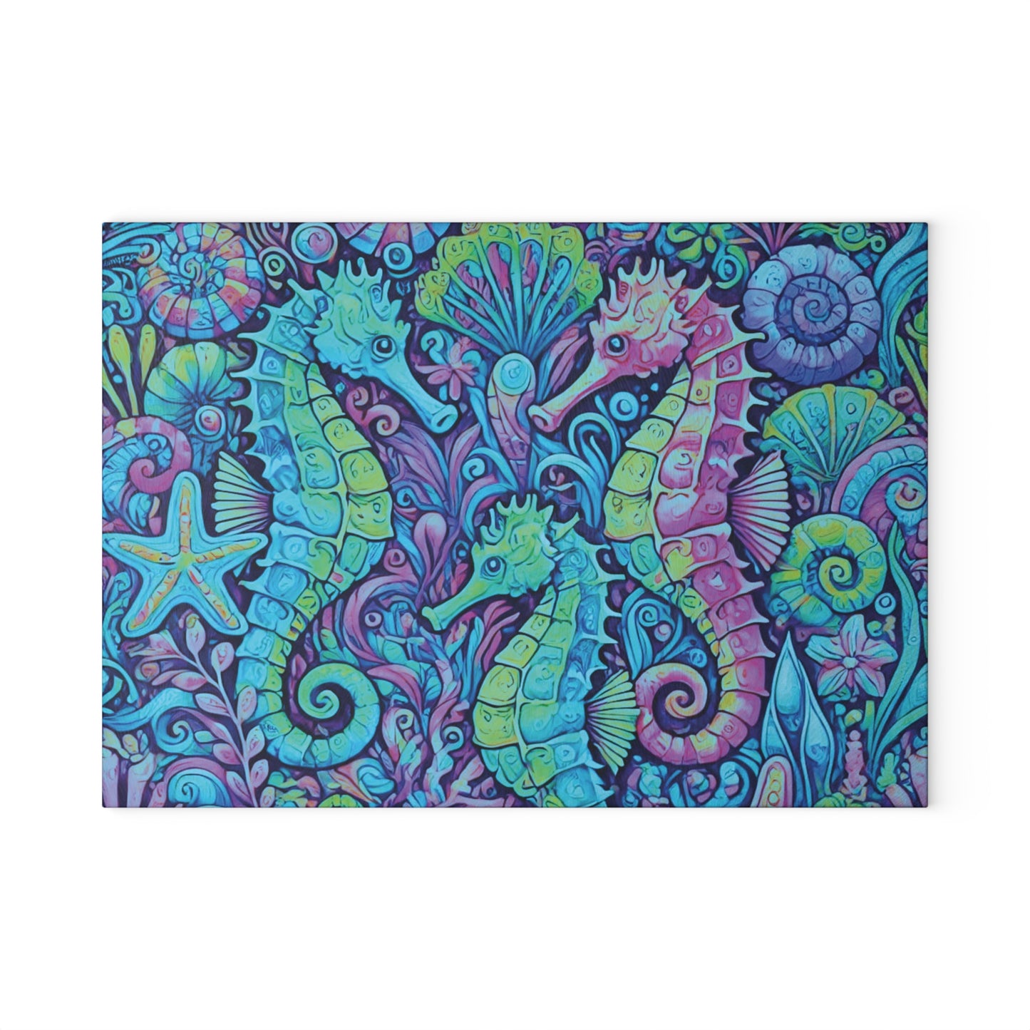 Glass Cutting Board, 2 sizes - Seahorses Turquoise Pop