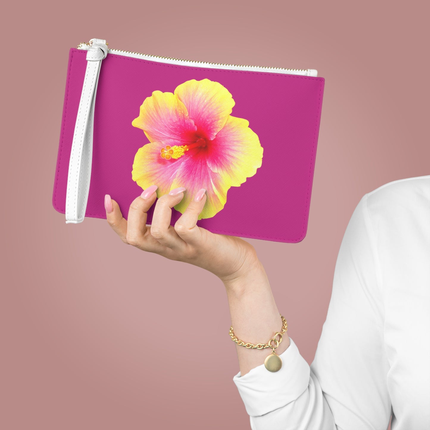 Tropical Faux Leather Clutch Bag - Perfect for Beach Adventures & Summer Vacations / Photo Yellow Hibiscus, Pink