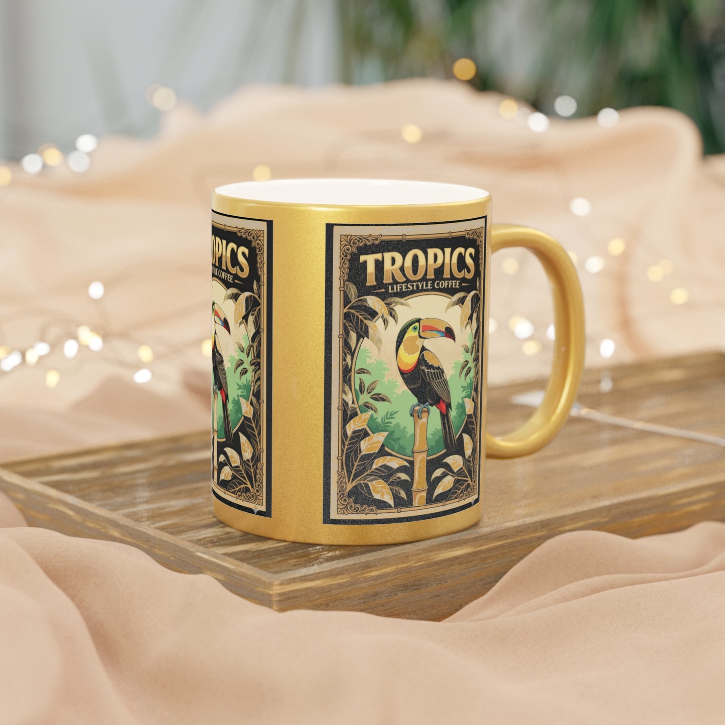 Tropical Metallic Mug, Gold or Silver: Our Coffee Brand, Pearl Parrot Poster