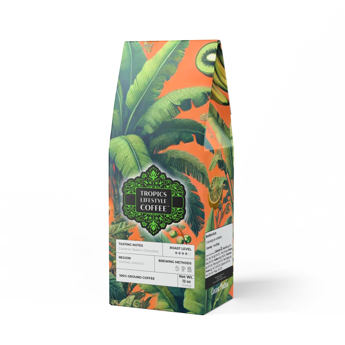 Cocoa Palms Blend™ (Medium-Dark Roast) Specialty Grade Craft Coffee / Palms and More Tropical Fruit, Orange