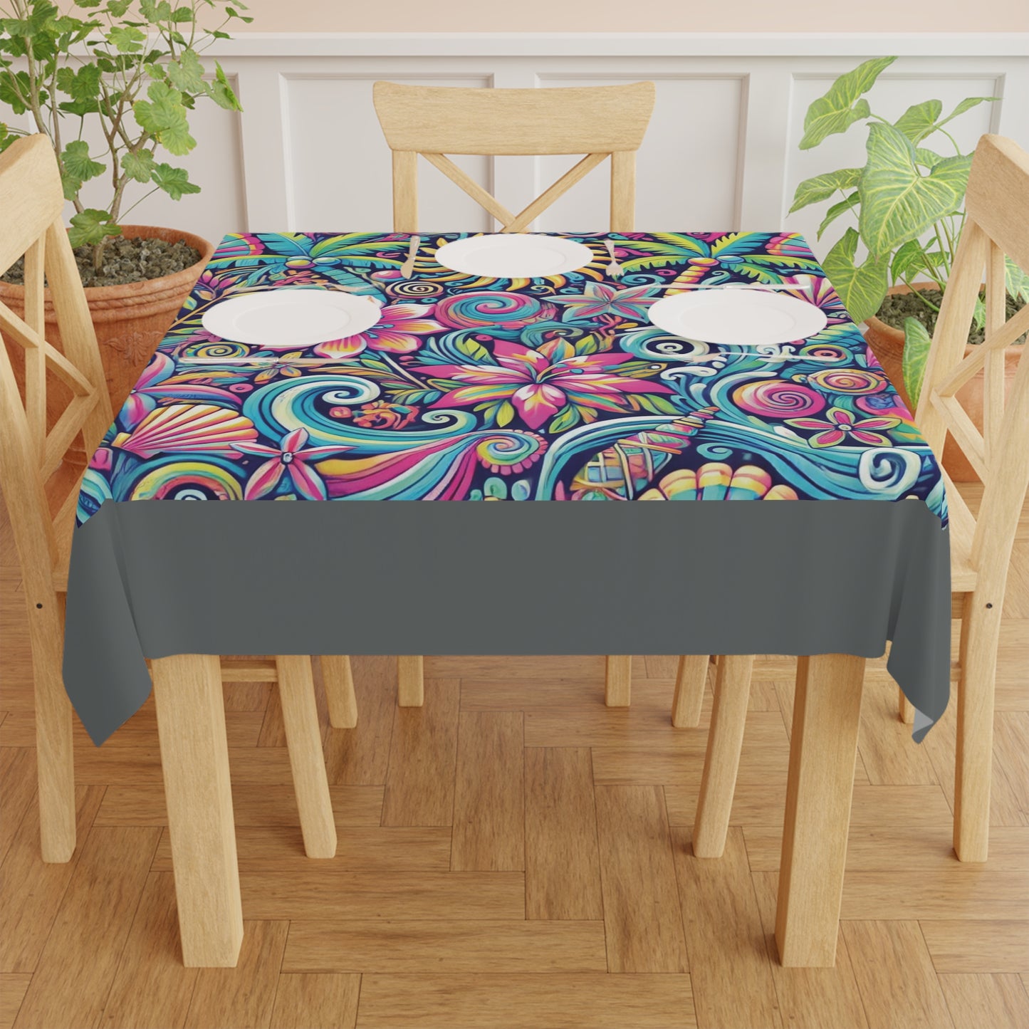 Happy Tropics/Dark Grey ~ Square Tablecloth, 55" x 55"