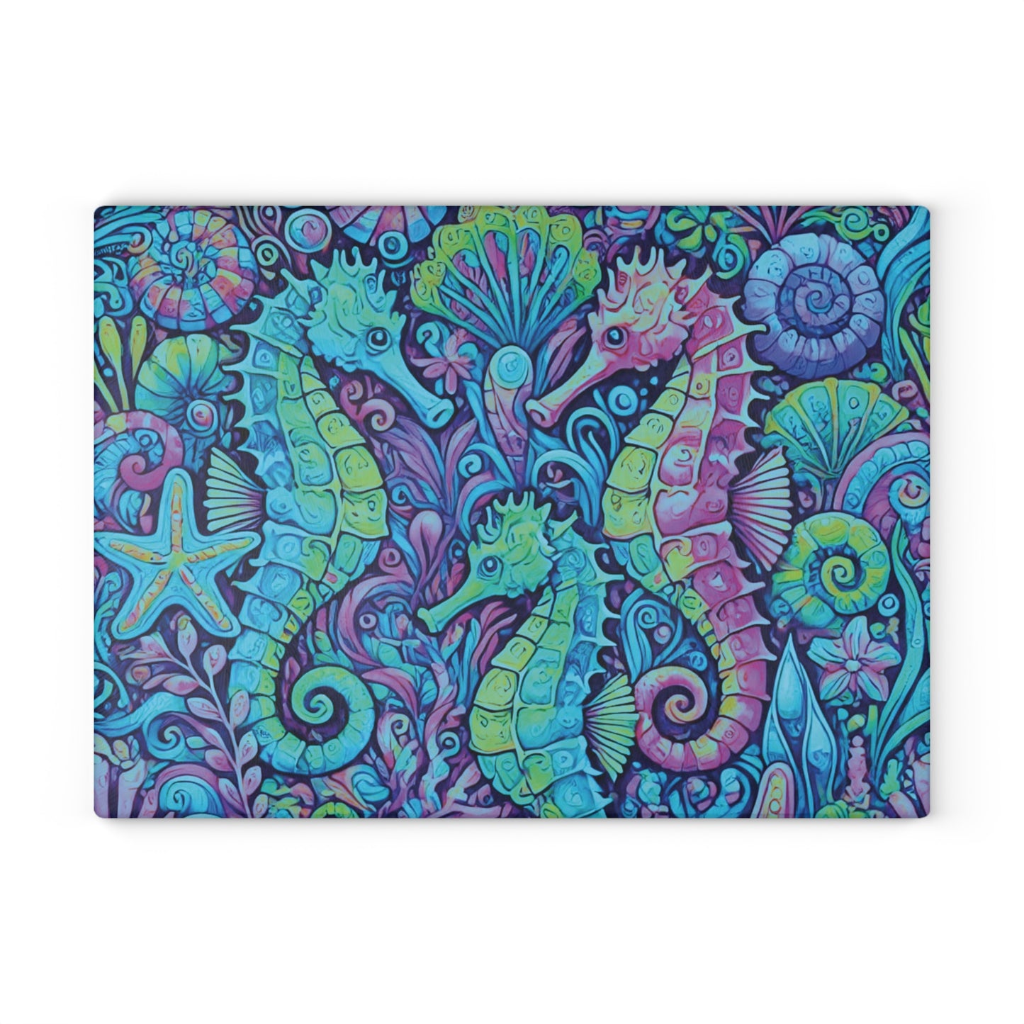 Glass Cutting Board, 2 sizes - Seahorses Turquoise Pop