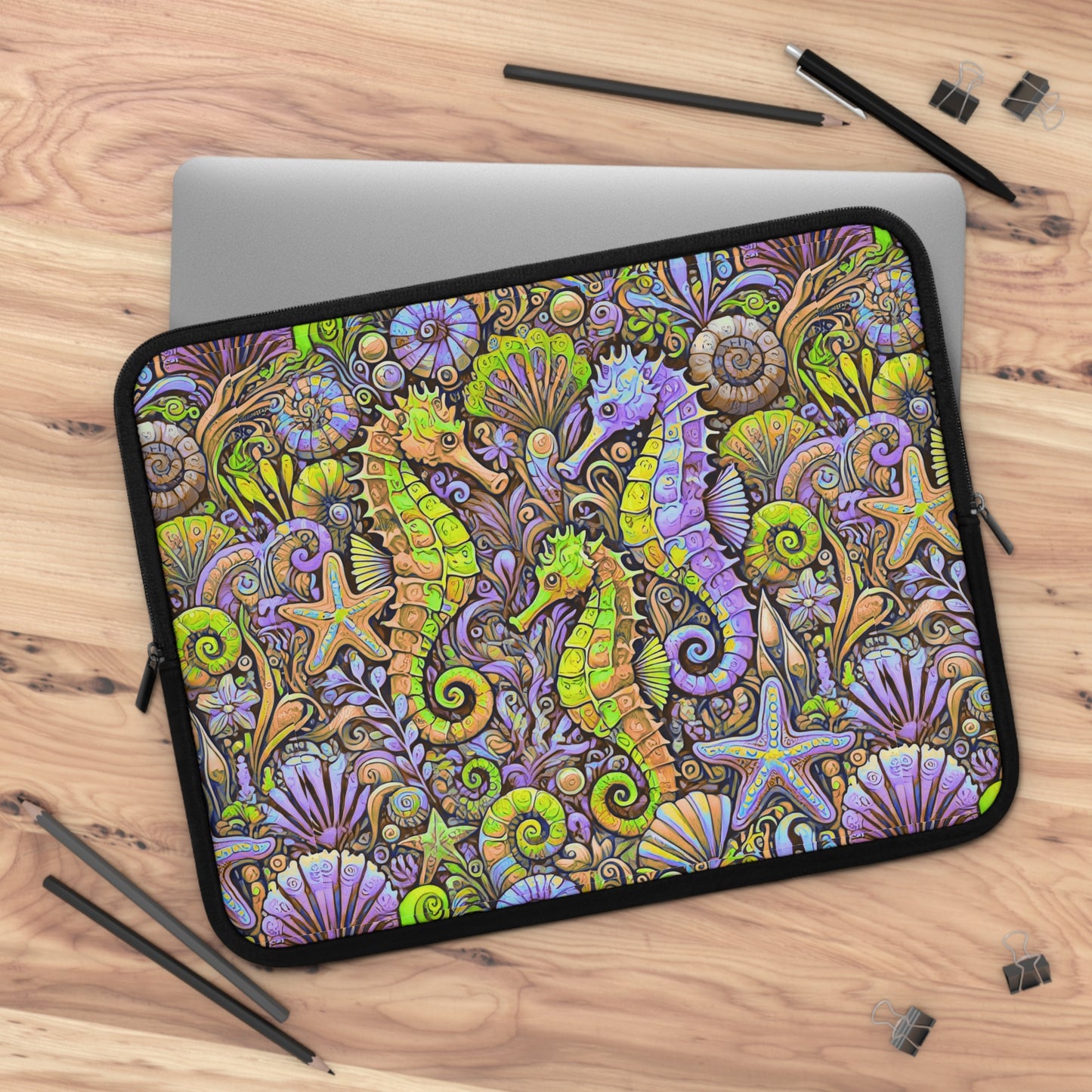 Tropical Laptop Sleeve, 5 Sizes - Perfect for Beach Lovers & Students / Seahorses, Yellow and Purple