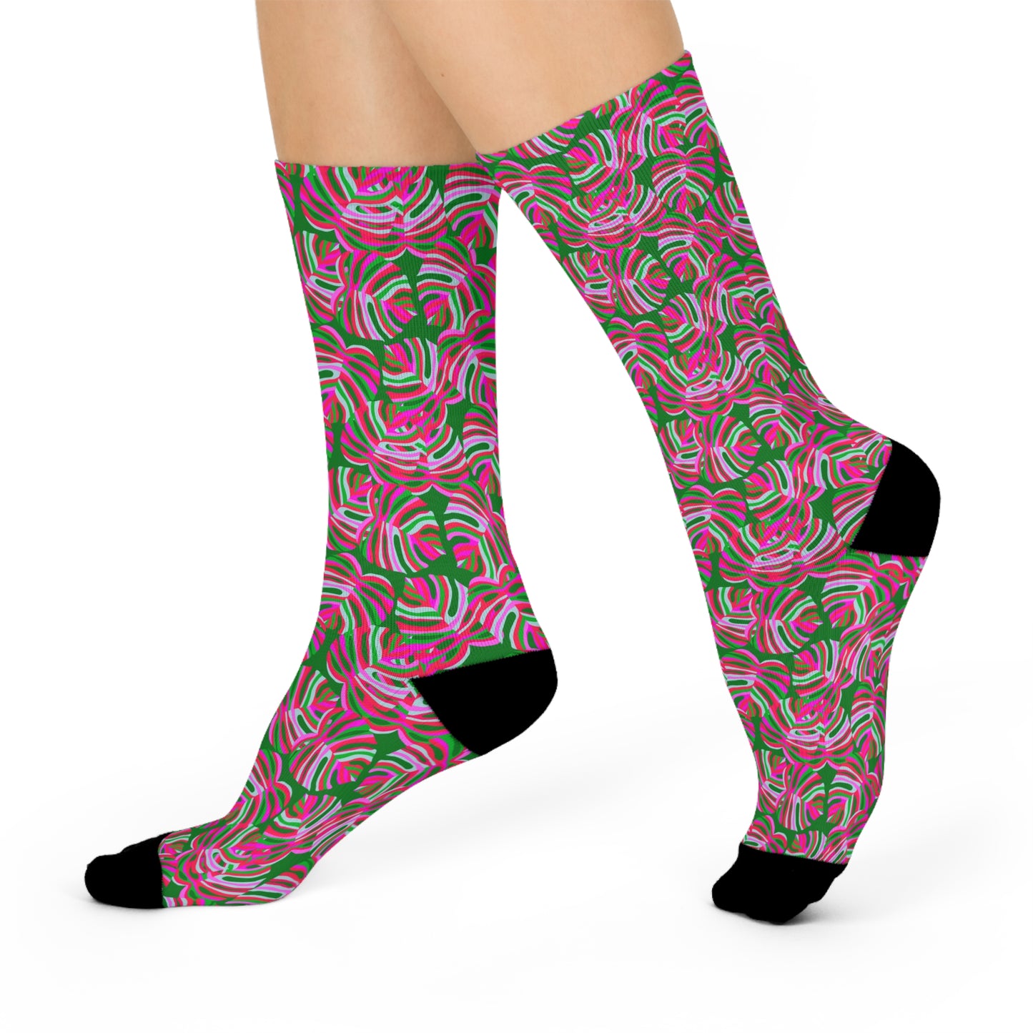 Cushioned Crew Socks - Monstera Pink Pop