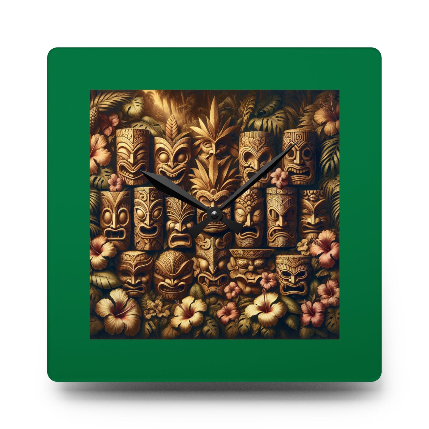 Acrylic Wall Clock / Tiki Totem Faces, Green