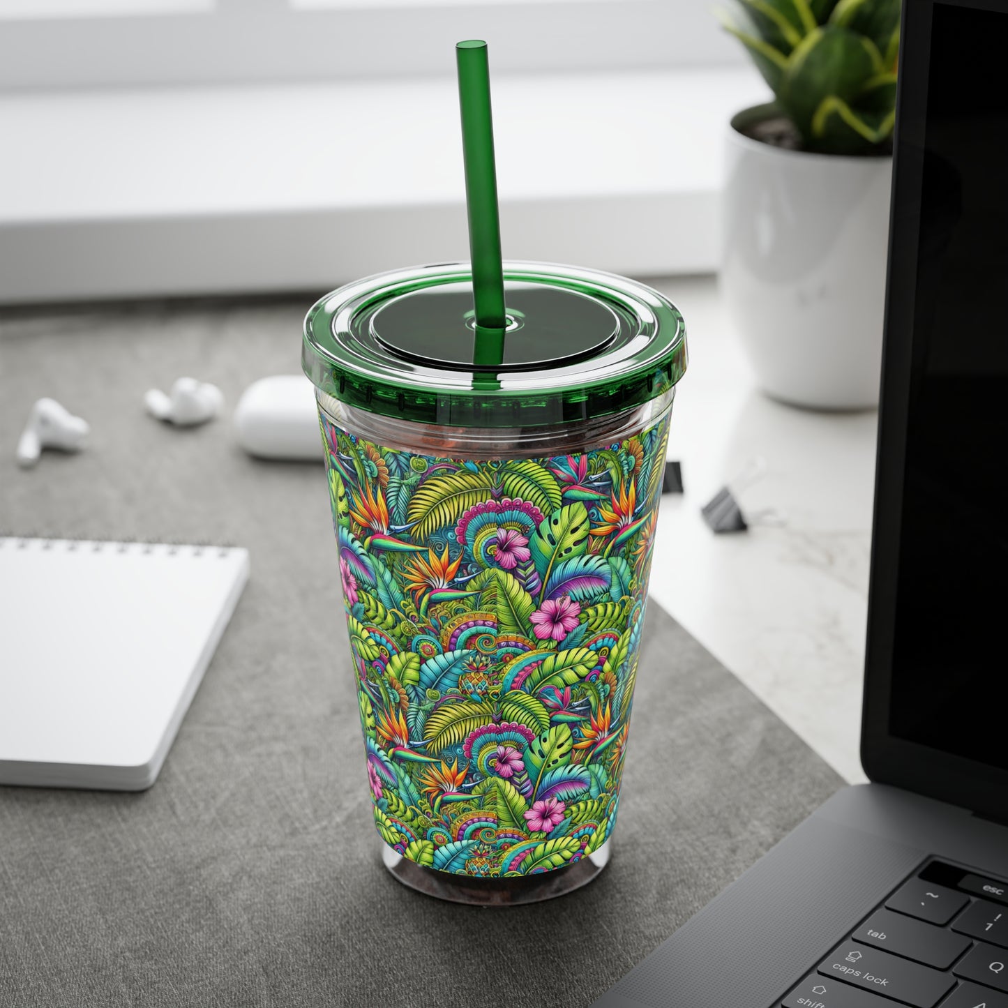 Tropical Tumbler with Straw | 16oz Colorful Travel Cup / Rainforest Blooms