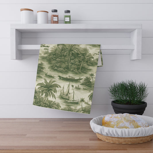 Tea Towels (cotton, poly), Tropical Toile #1, Green