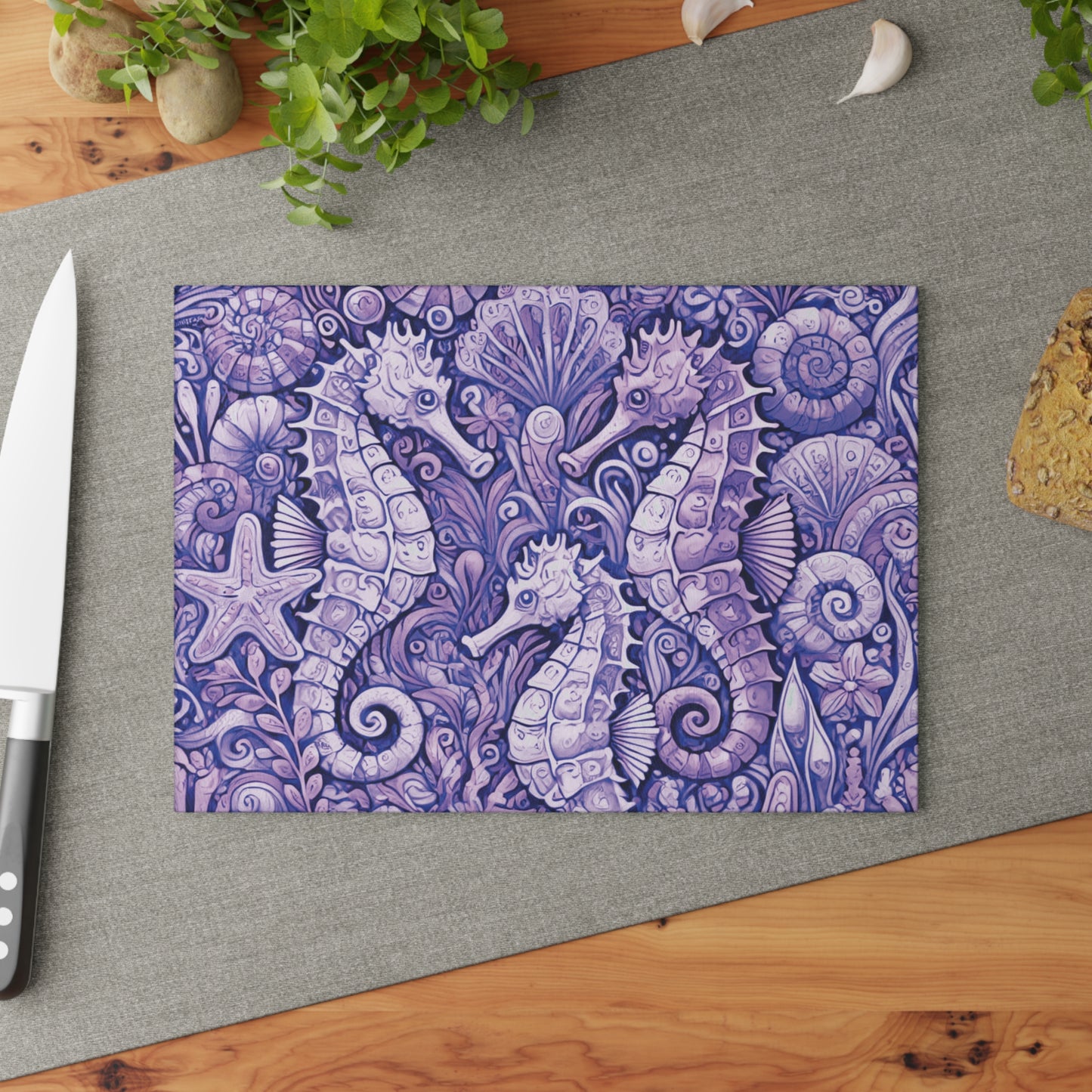 Glass Cutting Board, 2 sizes - Seahorses Amethyst