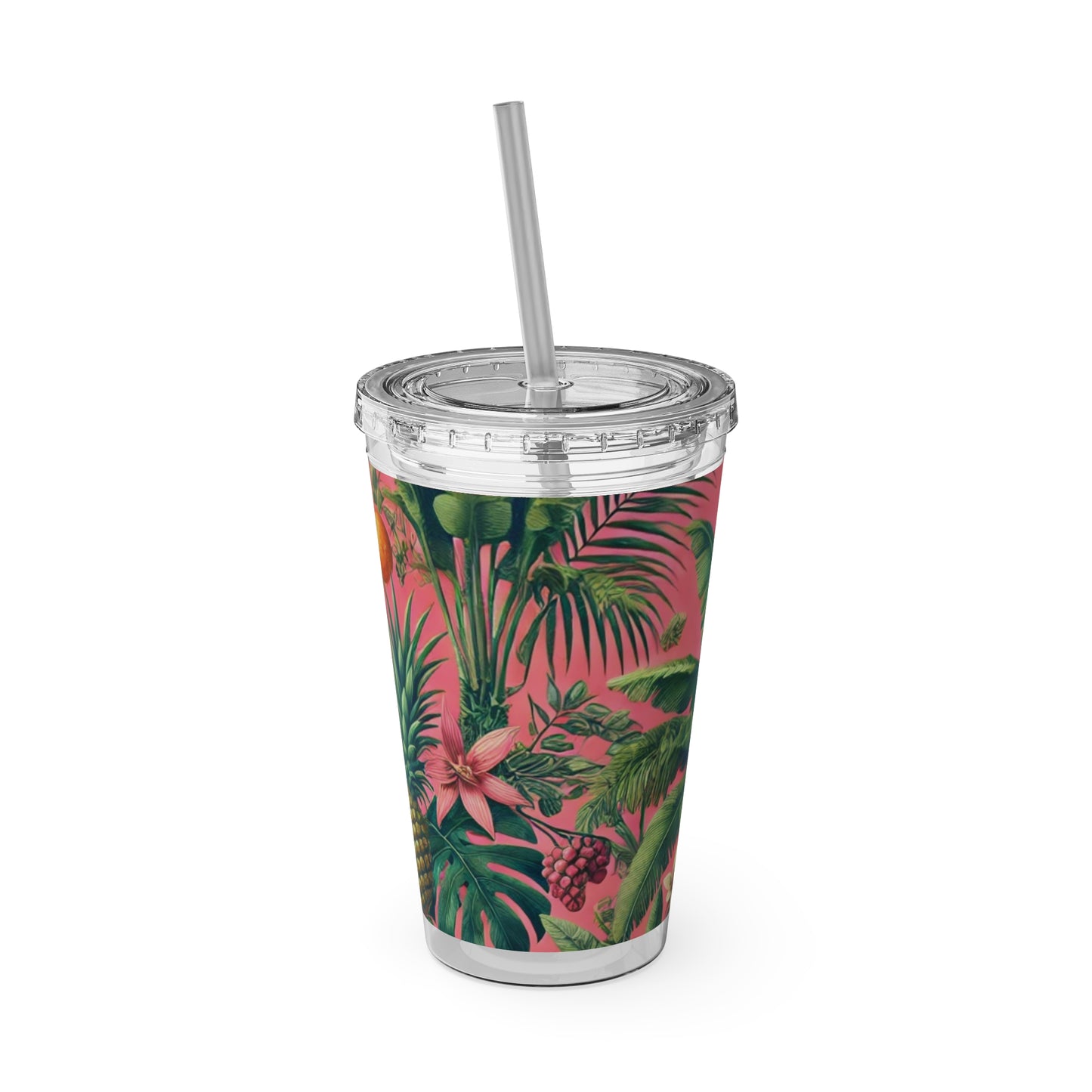 Tropical Tumbler with Straw | 16oz Colorful Travel Cup / More Tropical Fruit, Coral