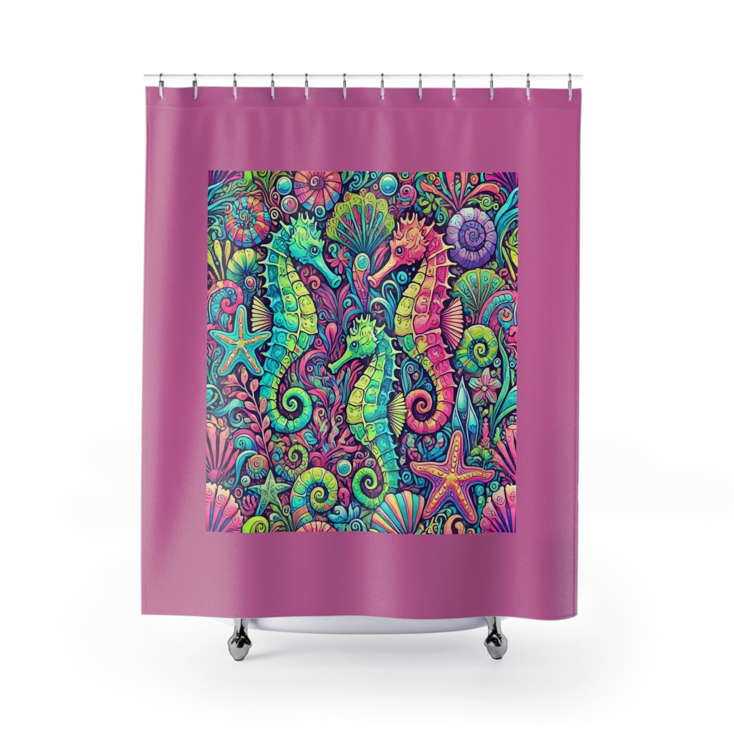 Tropical Shower Curtain - Rainforest Bathroom Decor / Seahorse Trio/Lt. Pink