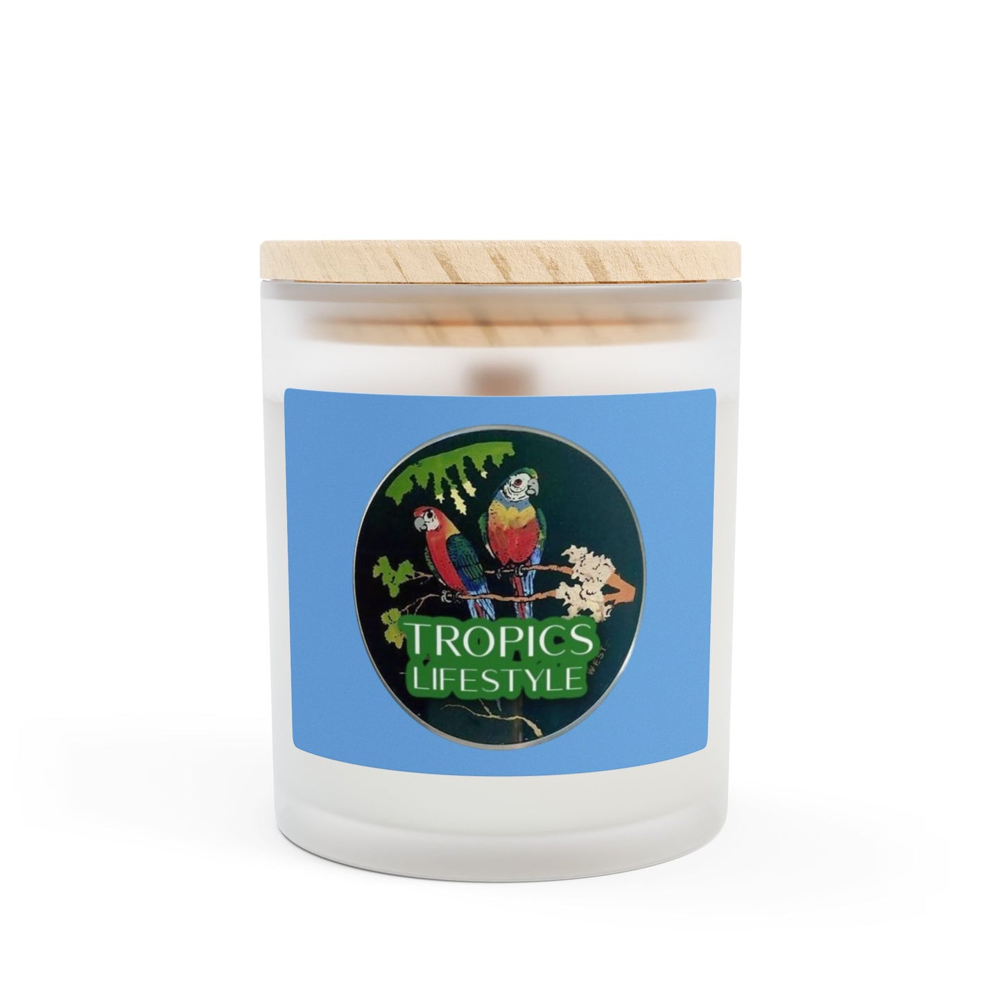 Frosted Glass Candle, 11oz - Two Brazilian Parrots, Lt Blue