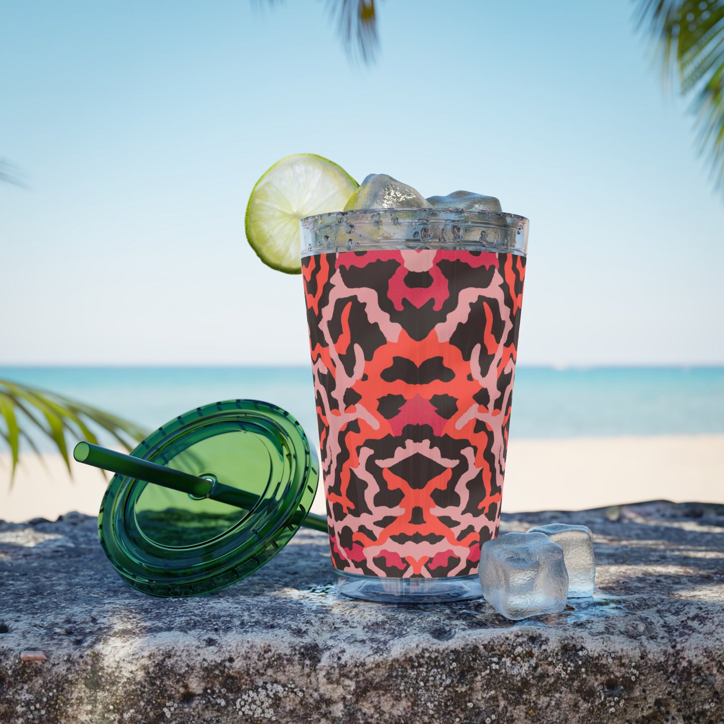 Tropical Tumbler with Straw | 16oz Colorful Travel Cup / Coral Threads, Red