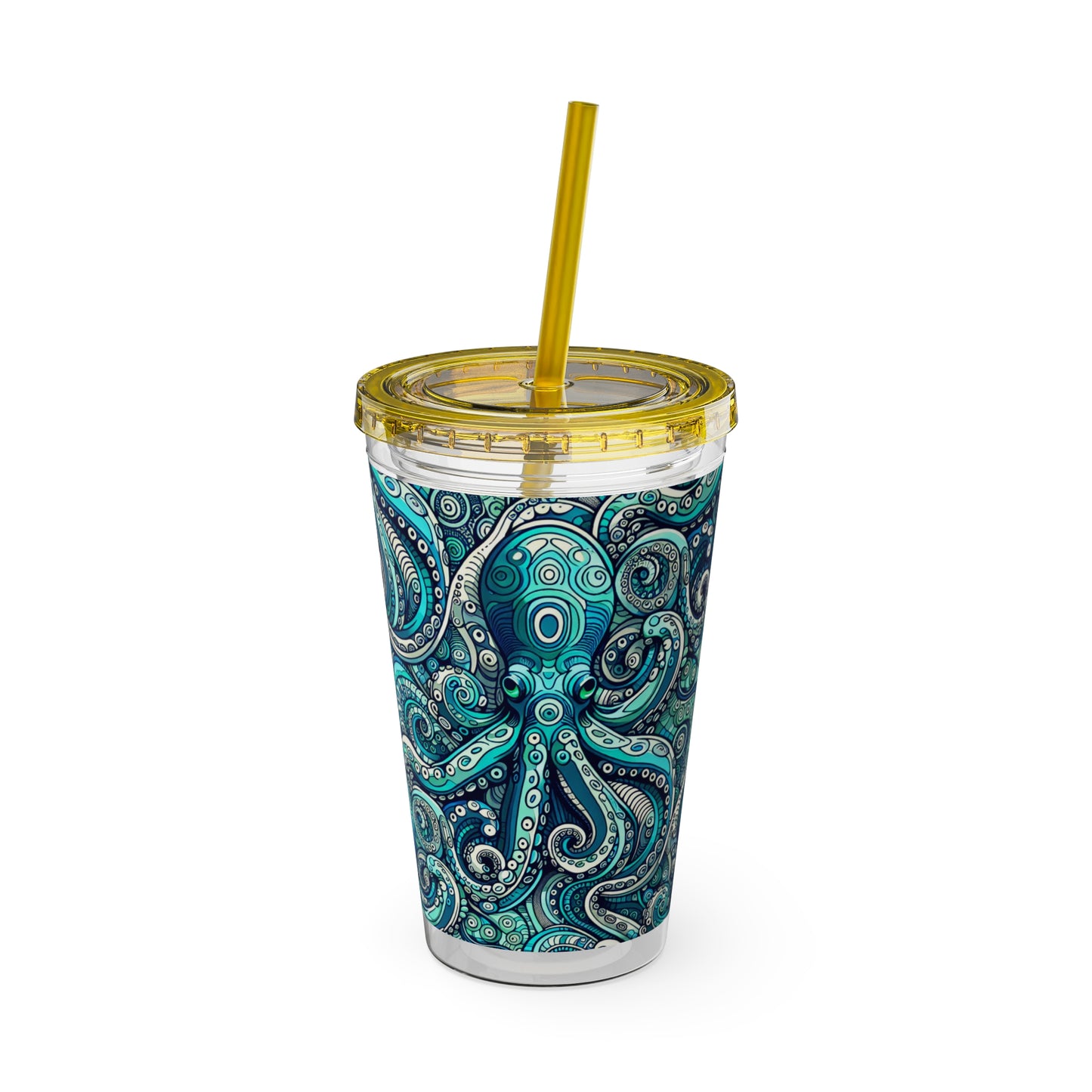Tropical Tumbler with Straw | 16oz Colorful Travel Cup / Aqua Octopus