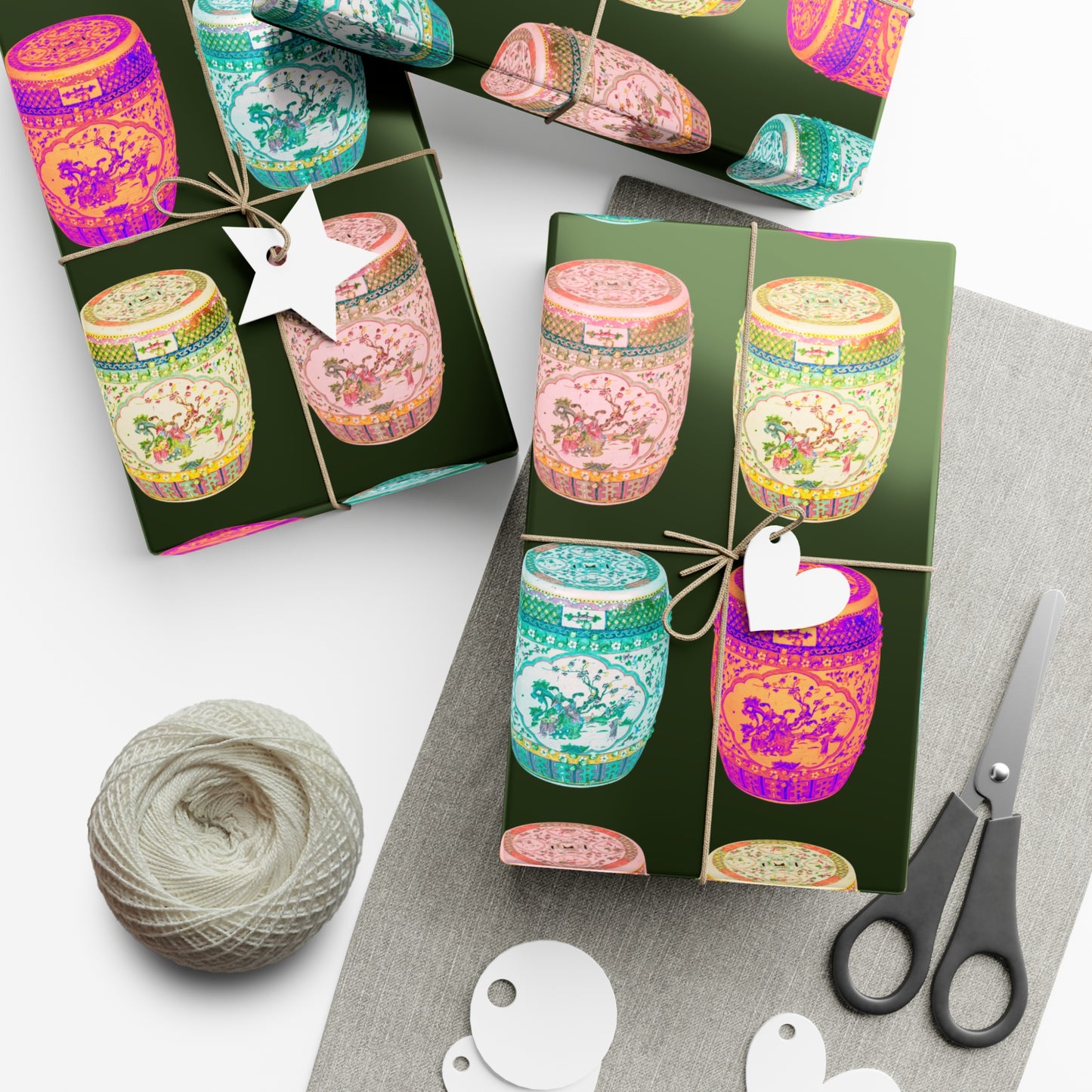 Wrapping Paper - Tropical Gift Wrap for All Occasions / 3 Sizes, 2 Finishes / Pop Art Porcelain Stools, Black