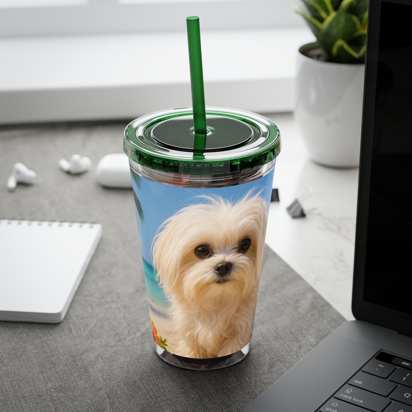 Tropical Tumbler with Straw | 16oz Colorful Travel Cup / Puppy Ariel at the Beach