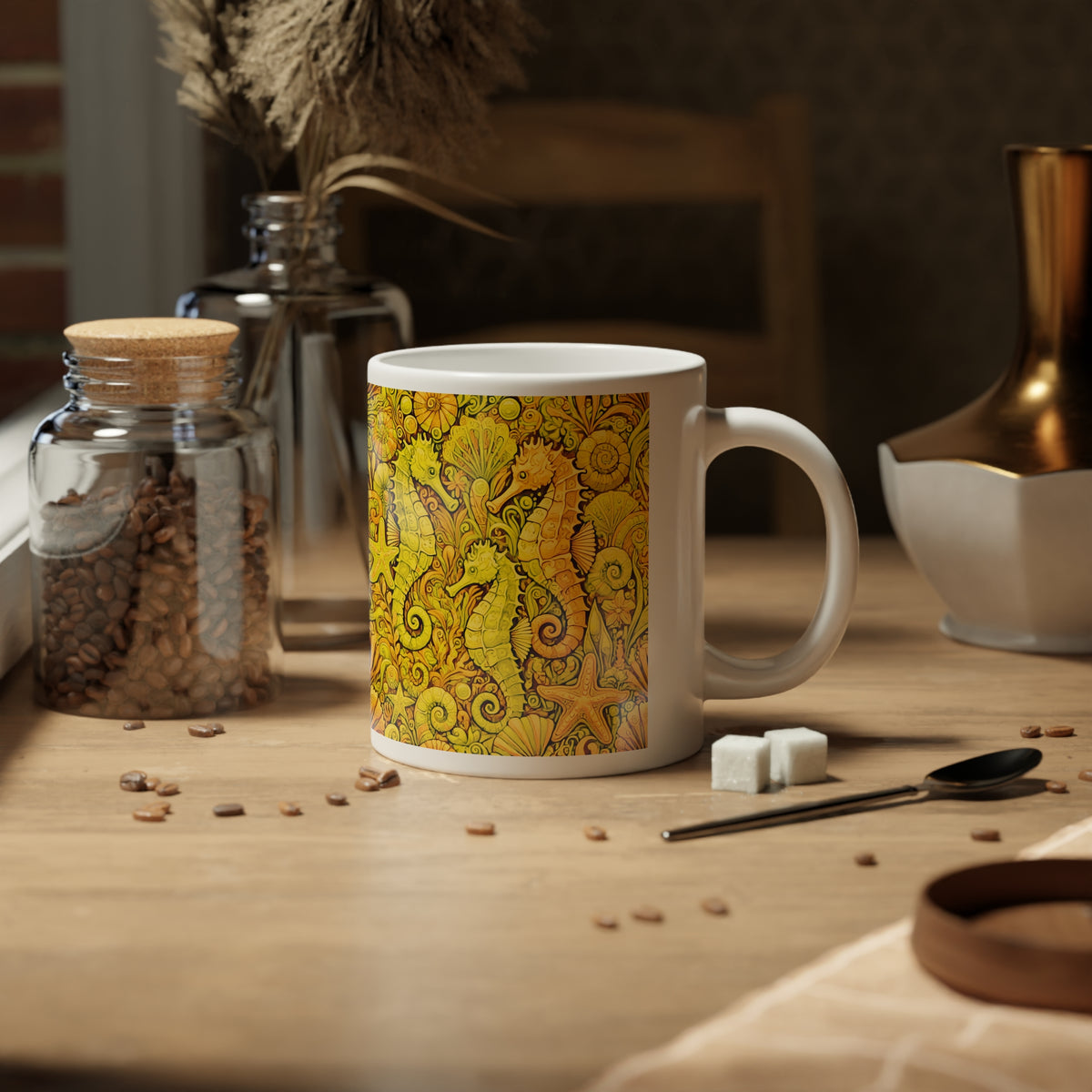 Jumbo Mug, 20oz, Yellow Seahorses | Tropical Coffee Cup