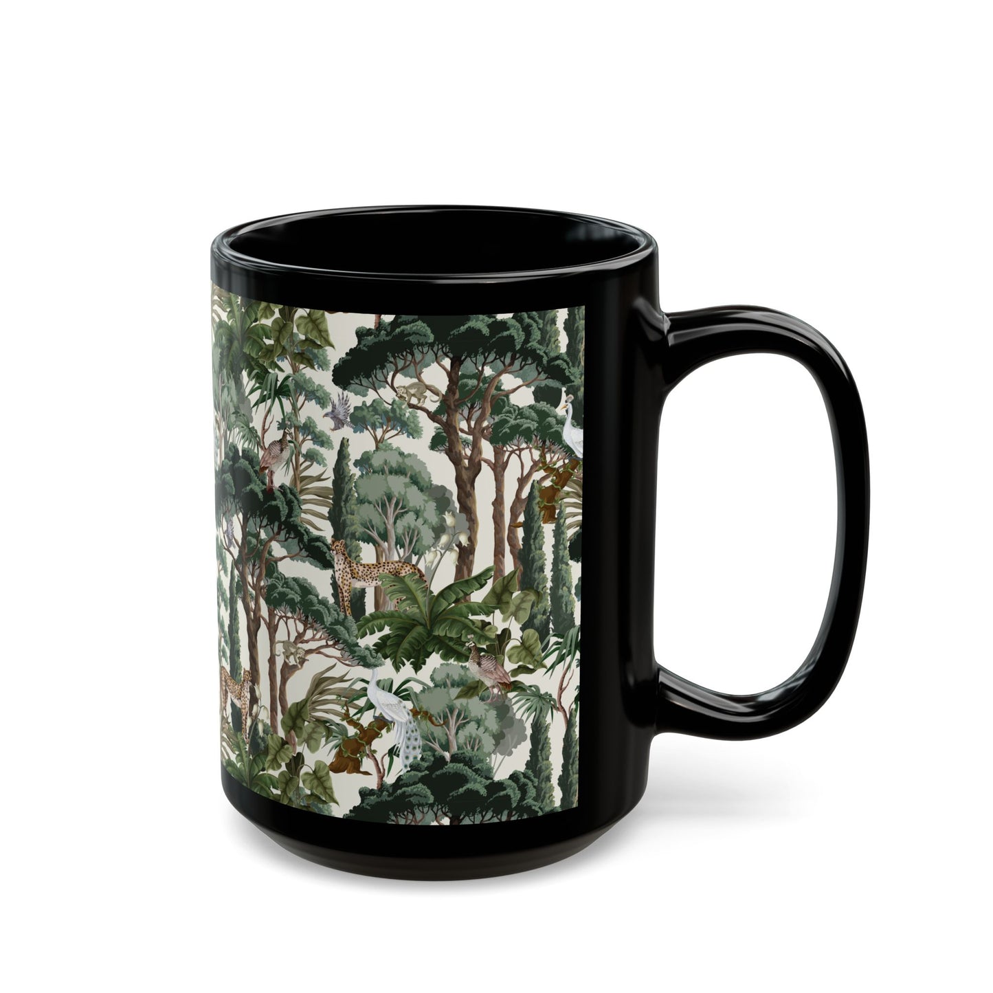 Black Mug (11oz, 15oz), Hiding Peacocks, White