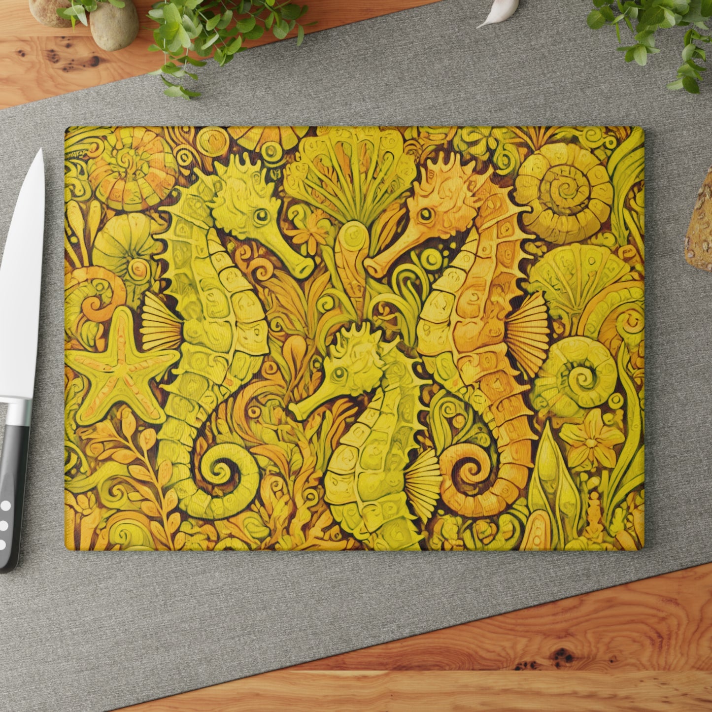 Glass Cutting Board, 2 sizes - Seahorses/Yellow