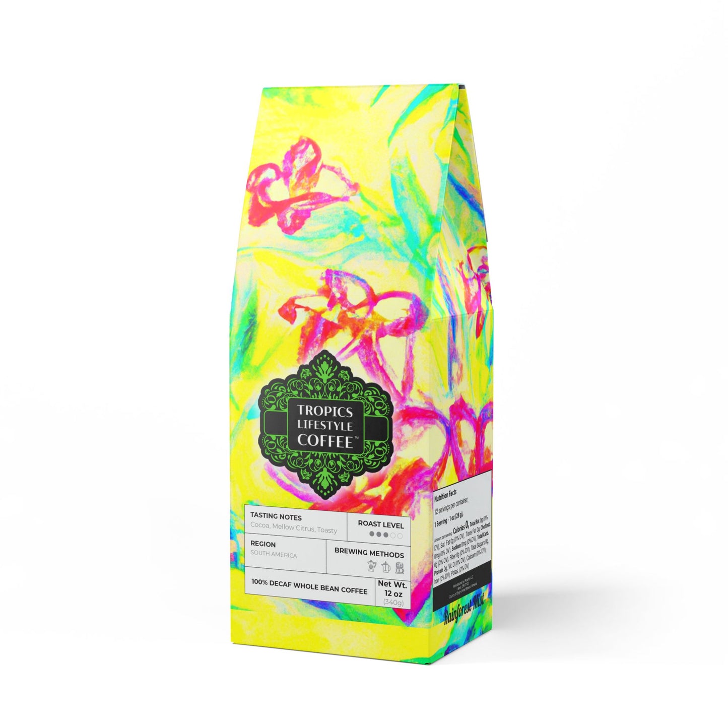 Rainforest Mist™ Single Origin DECAF (Medium Roast) Specialty Grade Coffee / Tropical Doodles, Yellow