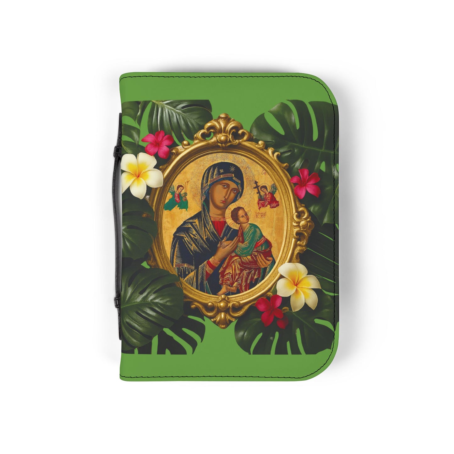 Tropical Bible Cover, Our Lady of Perpetual Help, Green / Floral Bible Protector, Christian Church Accessories