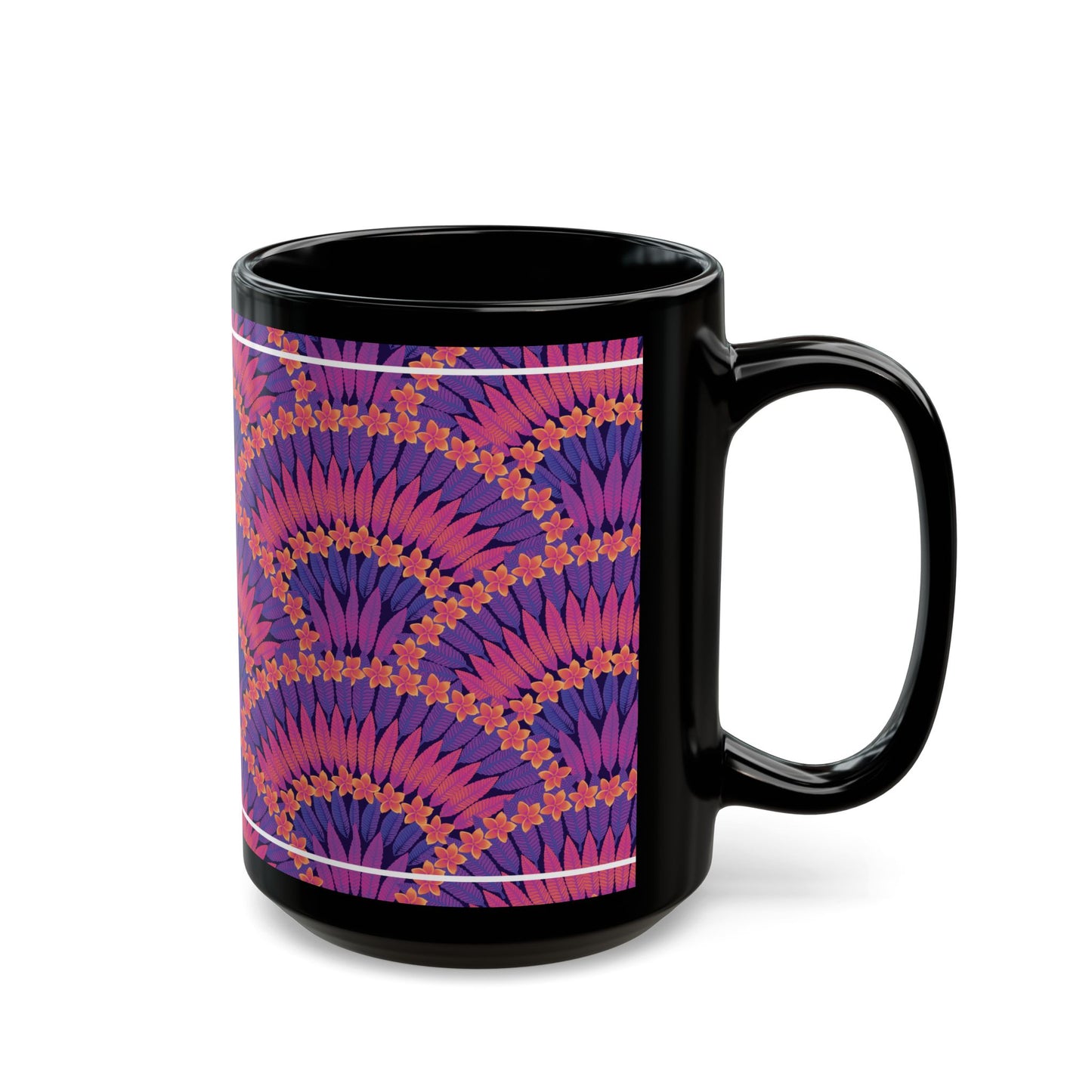 Black Mug (11oz, 15oz), Plumeria and Palms, Heatwave