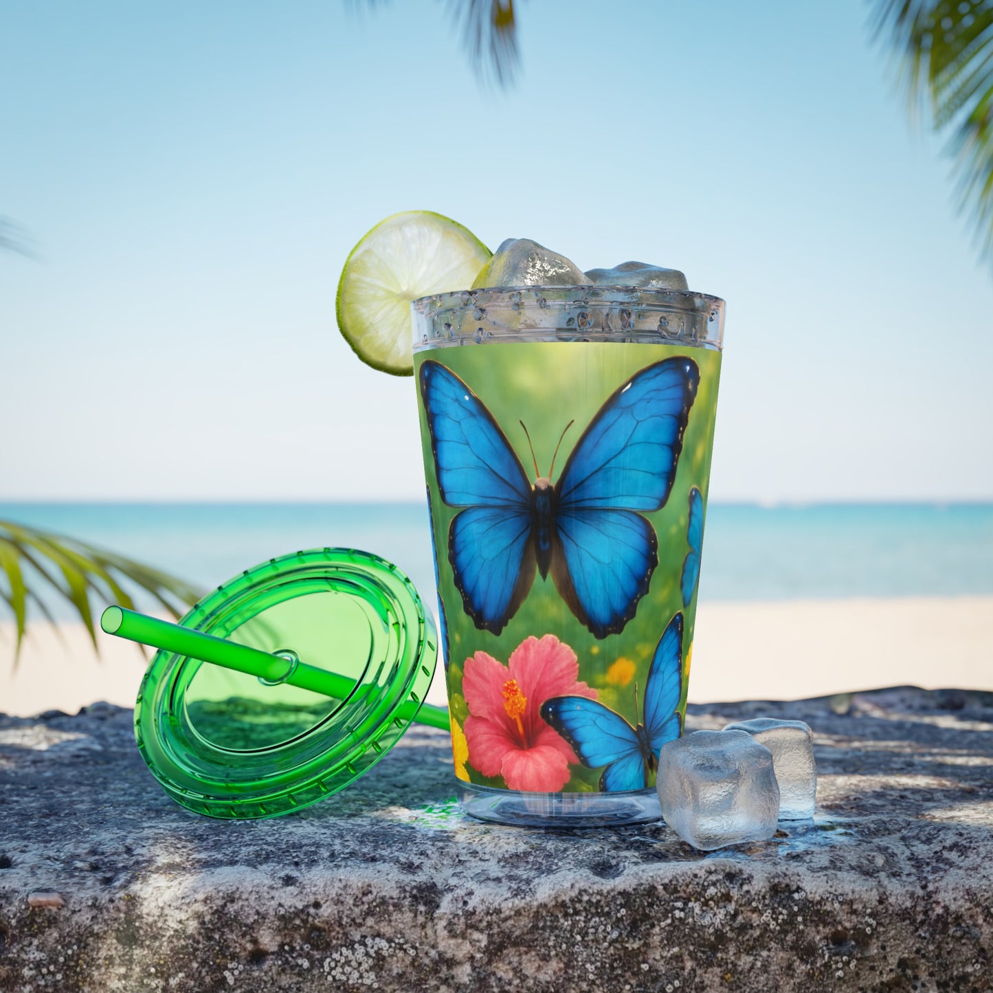 Tropical Tumbler with Straw | 16oz Colorful Travel Cup / Morpho Butterflies Flight