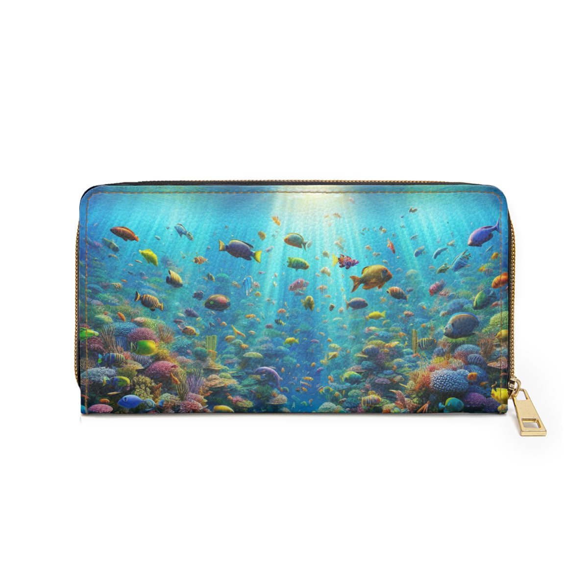 Tropical Zipper Wallet, Faux Leather / Vibrant Clutch / Busy Coral Reef