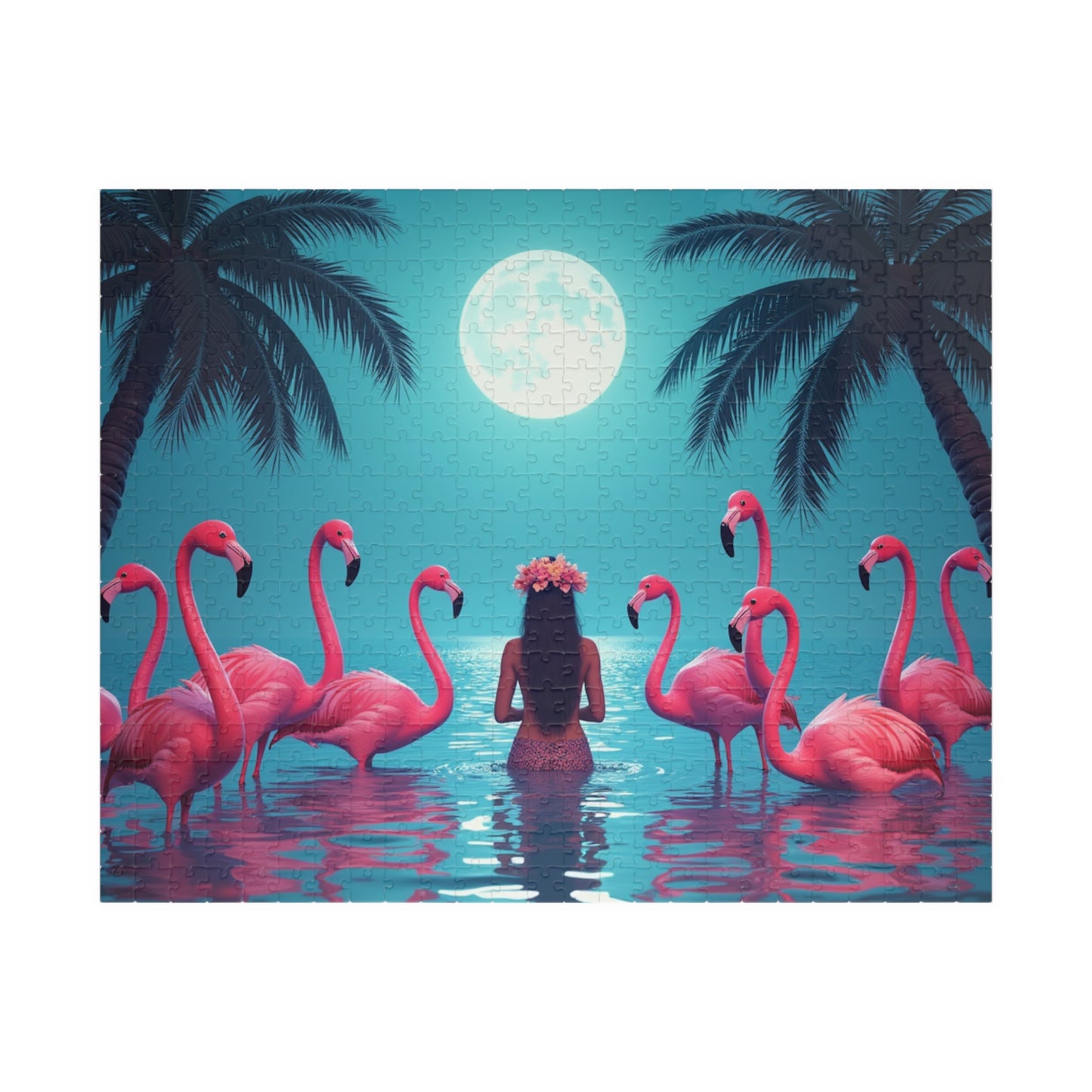 Moonlit Mermaid and Flamingos Troical Puzzle, 4 Sizes - Relaxing Jigsaw for Island Vibes