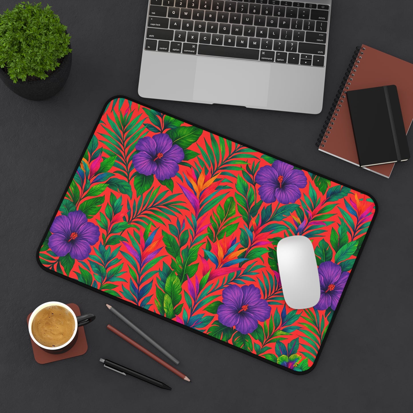 Tropical Paradise Desk Mat, 3 Sizes - Perfect for Home Office - Midnight Flower Coral