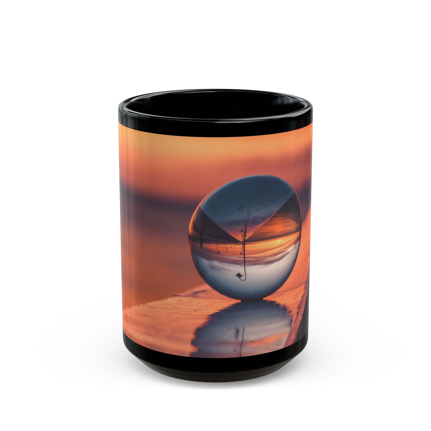 Black Mug (11oz, 15oz), Beach Crystal Ball at Sunset at Ocean Pier