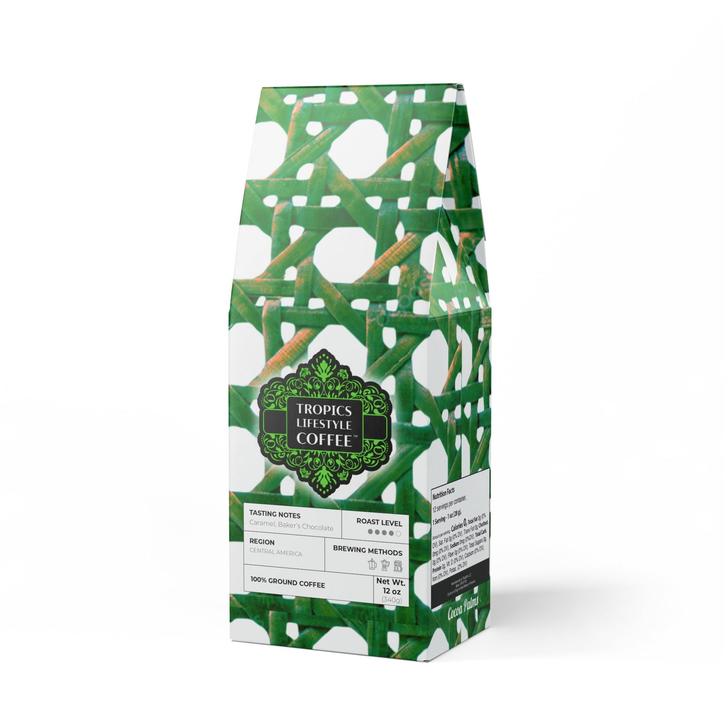 Cocoa Palms Blend™ (Medium-Dark Roast) Specialty Grade Craft Coffee / Chair Wicker, Green