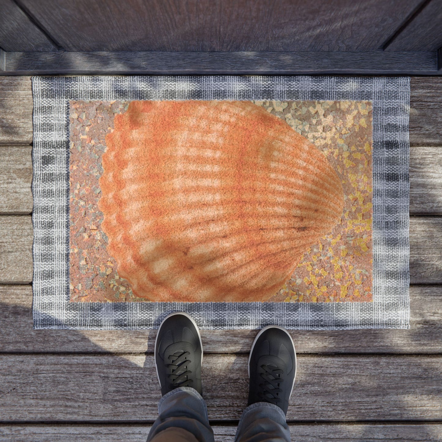 Tropical Shell Doormat - Vibrant Coconut Fiber Entrance Mat / Coastal Disco Orange Scallop