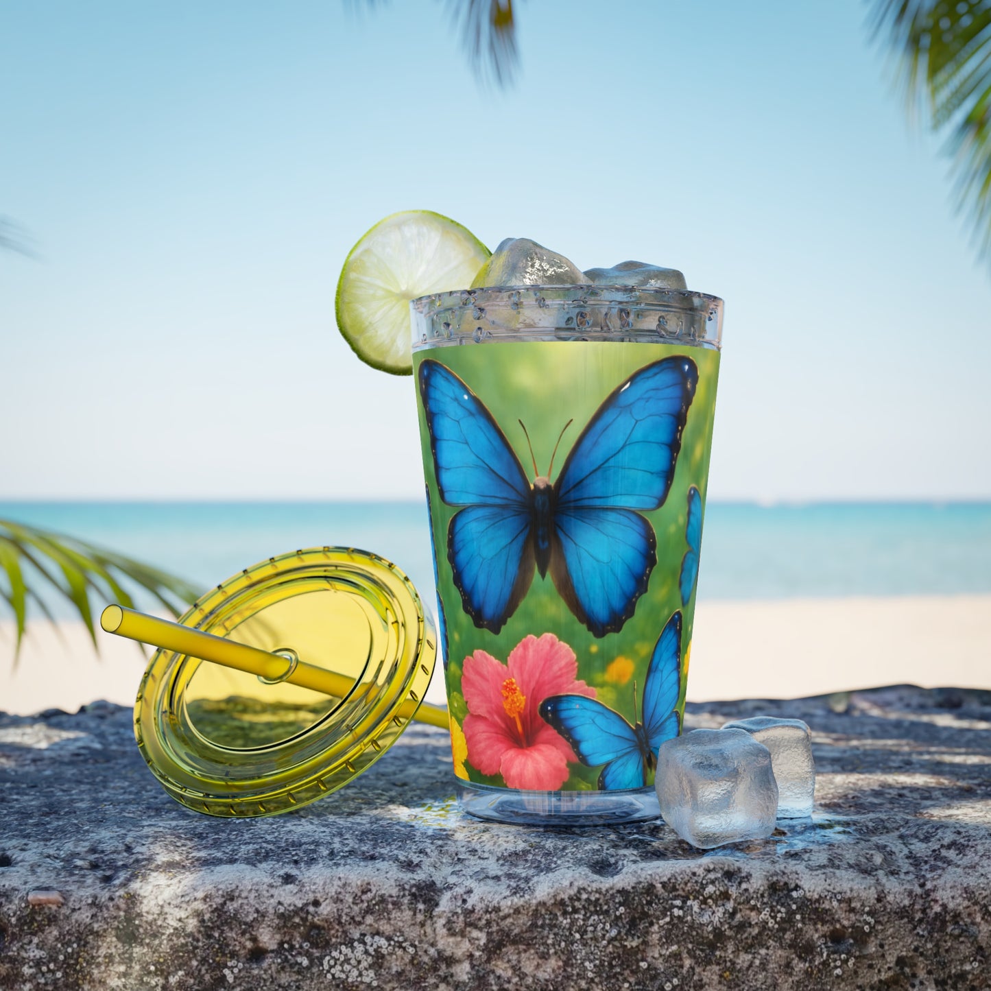 Tropical Tumbler with Straw | 16oz Colorful Travel Cup / Morpho Butterflies Flight