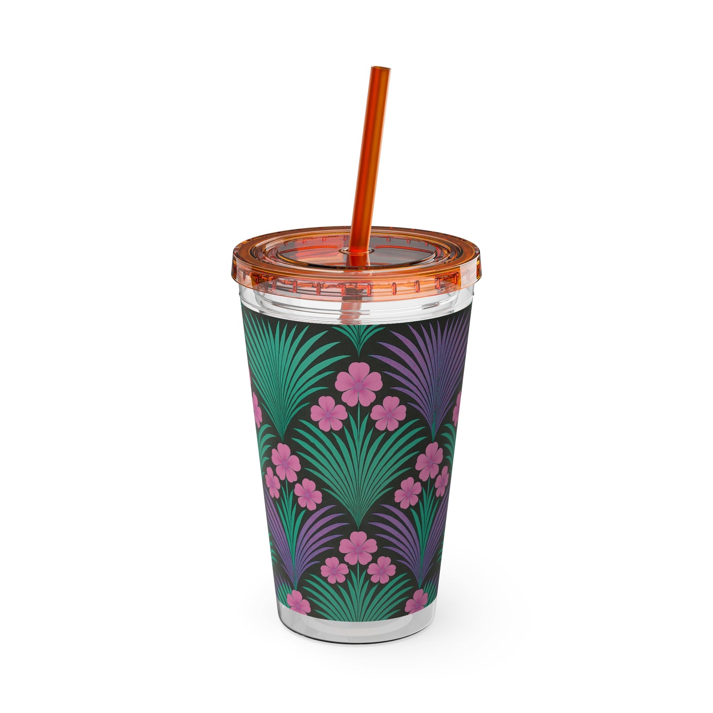 Tropical Tumbler with Straw | 16oz Colorful Travel Cup / Midnight Hibiscus Deco, Pink