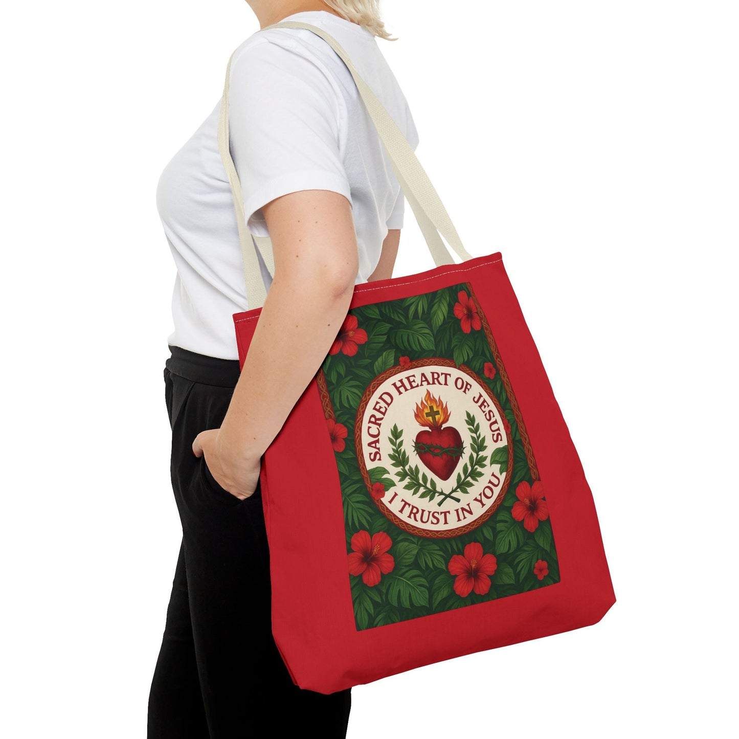 Religious Tote Bag - 3 Sizes / Sacred Heart of Jesus Prayer, Red