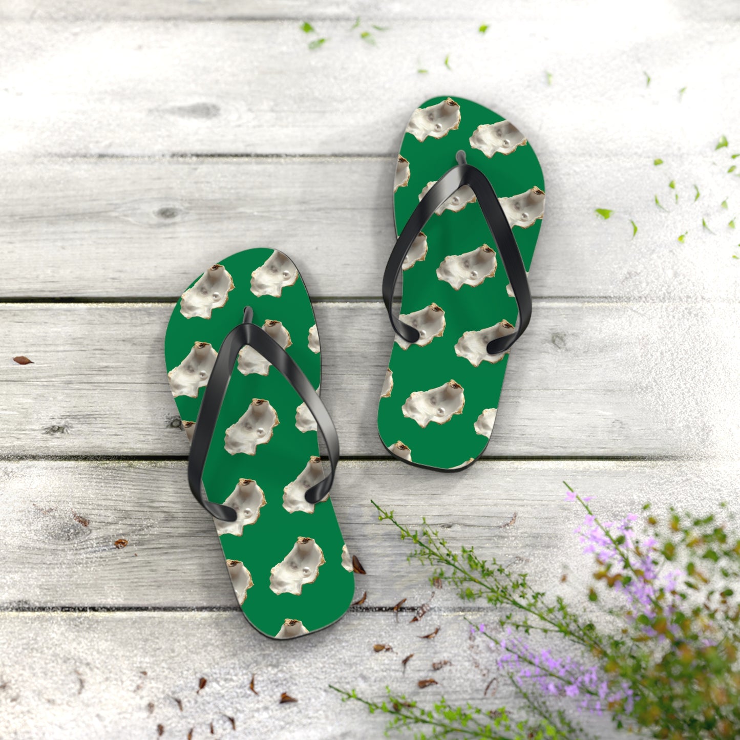 Flip Flops - White Pearl Oyster, dark green