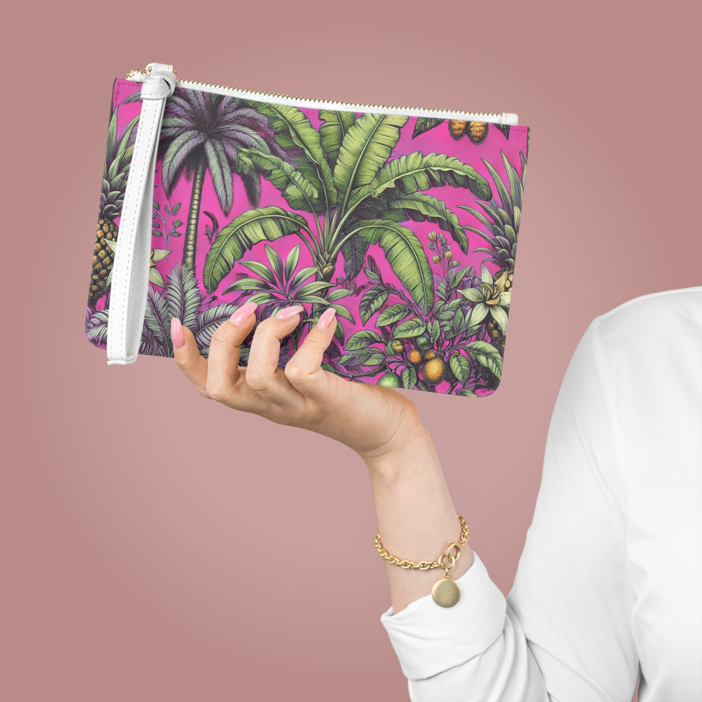 Tropical Faux Leather Clutch Bag - Perfect for Beach Adventures & Summer Vacations / Tropical Fruit, Hot Pink