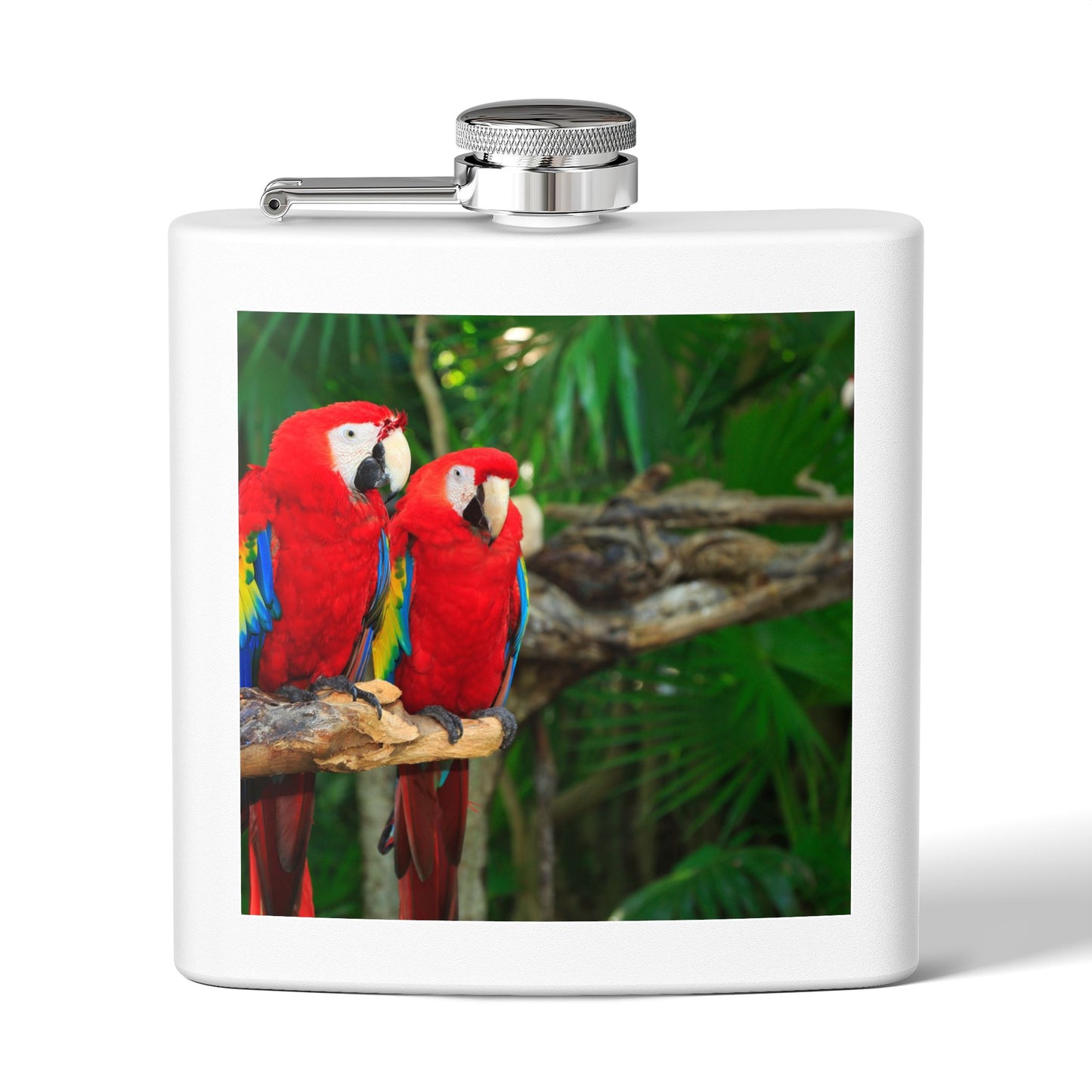 Tropical Stainless Steel 6 oz. Flask, Many Colors  – Two Red Parrots